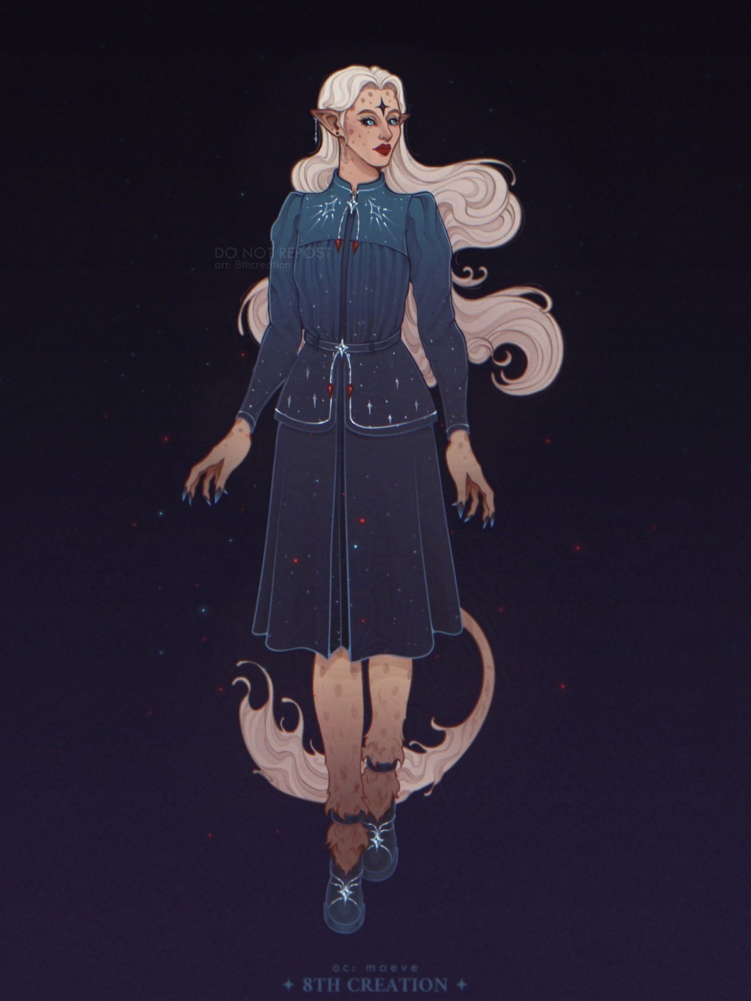 Artwork portraying a woman with pale skin, platinum blonde hair, fluffy tail, pointy ears and sharp blue claws. Her skin is covered in darker spots, her lips are red, and her eyes are blue with black sclerae. She is wearing a dark blue 1940s-inspired suit with long sleeves and silver celestial embroidery, and a matching pair of dark-blue elegant shoes.