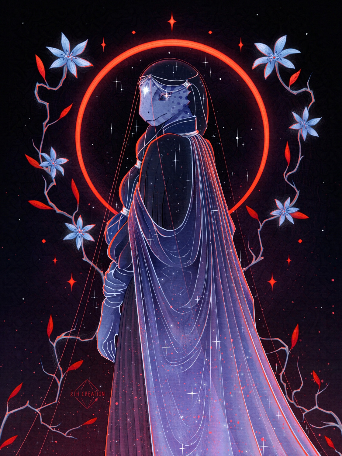 Anthropomorphic lizard surrounded by a glowing red halo and white flowers. She has gray skin, blue spots, black eyes with starry iris, and a white, glowing star-shaped mark on her forehead. She is wearing a dark blue dress with bishop sleeves, a dark braid-shaped thick veil, a thin, flowy semi-transparent veil, a blue cape with starry embroidery, and silver jewelry. The background is dark blue, and red particles are flying in the air.