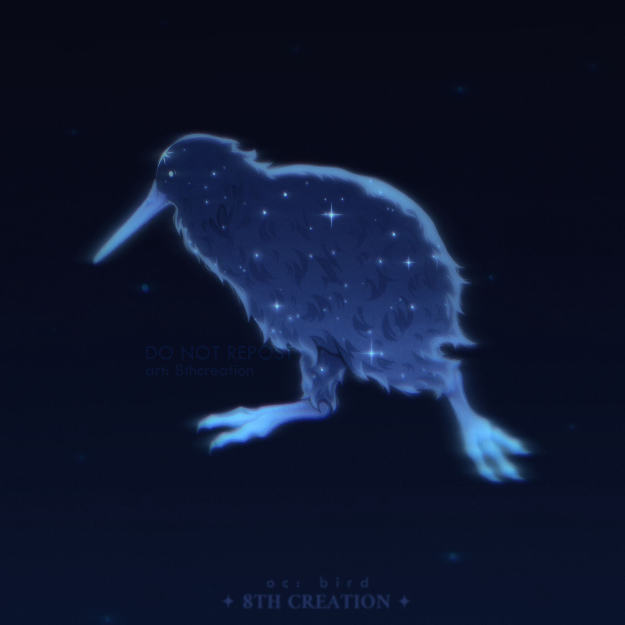 Drawing of a kiwi-shaped bird with dark blue feathers, light blue beak and legs, and white starry markings. It's running very fast. The background is dark blue, full of stars.