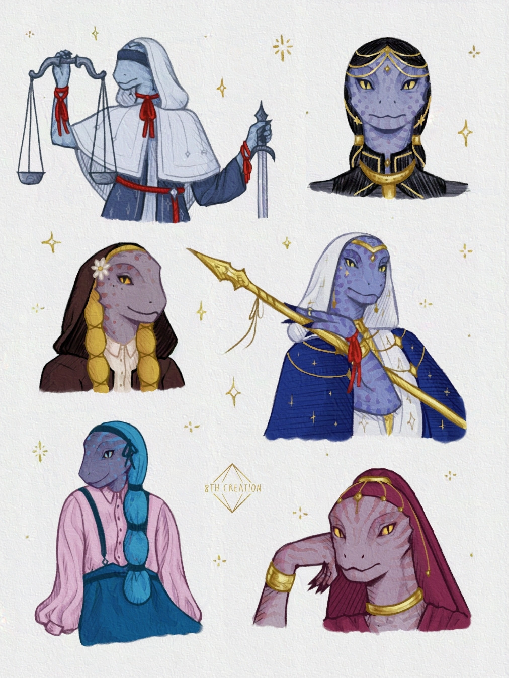 Six colored sketches of anthropomorphic lizards. Short descriptions below:

1. Sketch of an anthro lizard holding scales in the right hand and a sword in the left hand. He is wearing a blindfold, a short (waist-length) cape with a wide hood, robes with celestial-themed embroidery, and strings of rope on his wrists, neck and waist.

2. Symmetrical portrait of an anthro lizard. She is wearing a black veil and dress.

3. Portrait of an anthro lizard. She is wearing a jacket with a wide hood and a shirt.

4. Sketch of an anthro lizard holding a spear in one hand. He is wearing a cape with starry embroidery, robes with a wide hood, a diadem, and a bracelet.

5. Halfbody sketch of an anthro lizard looking sideways. She is wearing a loose shirt with wide sleeves, a veil resembling a thick braid and pants with suspenders.

6. Portrait of an anthro lizard. Her head is resting on a hand. She is wearing a long, thick veil, a golden choker, and a bracelet.