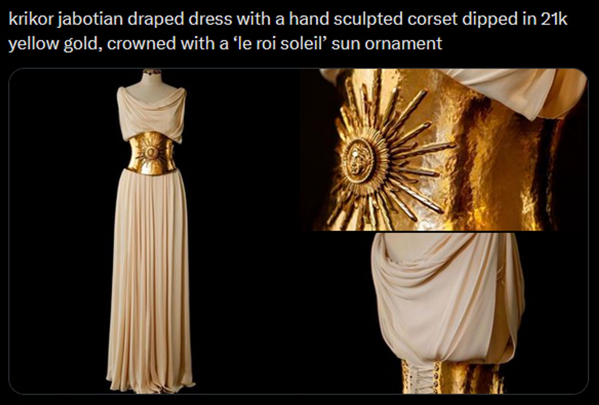 Screenshot of post with three photos of a white/light beige dress with a wide golden belt.