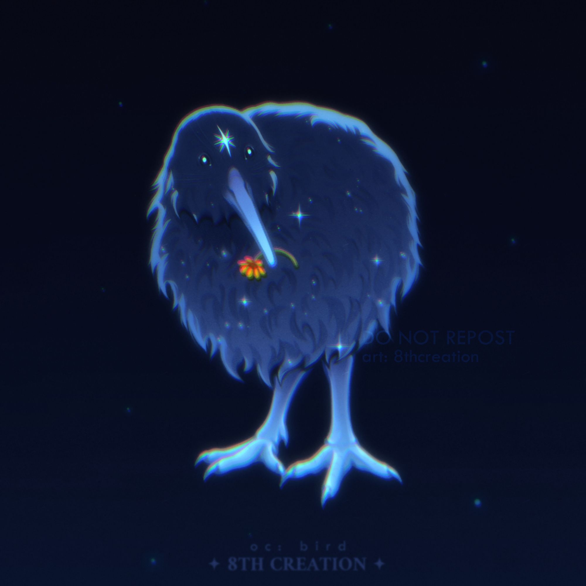 Drawing of a kiwi-shaped bird with dark blue feathers, light blue beak and legs, and white starry markings. It's holding a flower in its beak. The background is dark blue, full of stars.