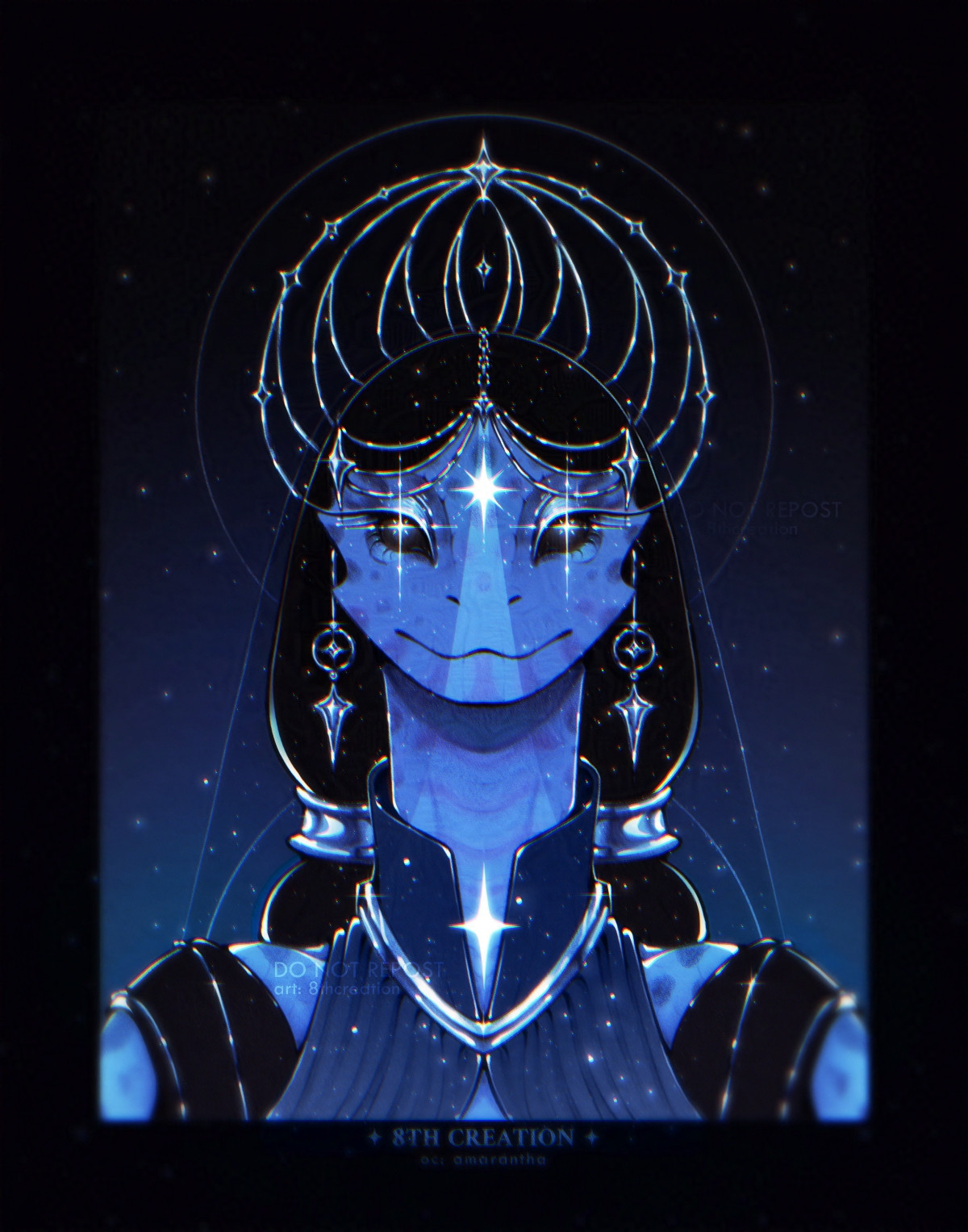 Symmetrical portrait of an anthropomorphic lizard. She has light blue skin with darker spots, dark eyes with white, star-shaped pupils, and a glowing eight-pointed star mark on her forehead. She is wearing a dark veil resembling two braids, a transparent veil, a silver halo crown, silver star-shaped earrings, and a dark blue dress with starry embroidery. The background is dark blue, full of stars.