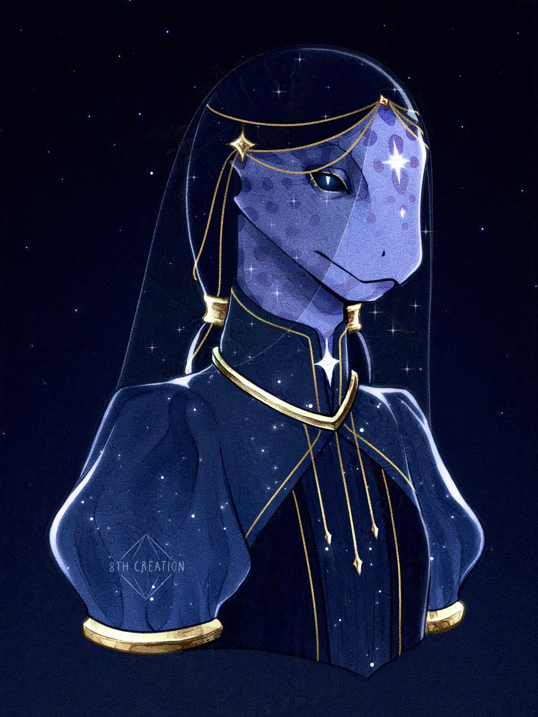 Portrait of an anthropomorphic lizard. She has a black eye with a white, glowing pupil and shining white celestial marks on the forehead. She is wearing a dark blue dress, a lot of shiny golden jewelry, and two veils: one thick, remebling a braid, and the other thin and flowing, with starry embroidery. The background is dark and full of stars.