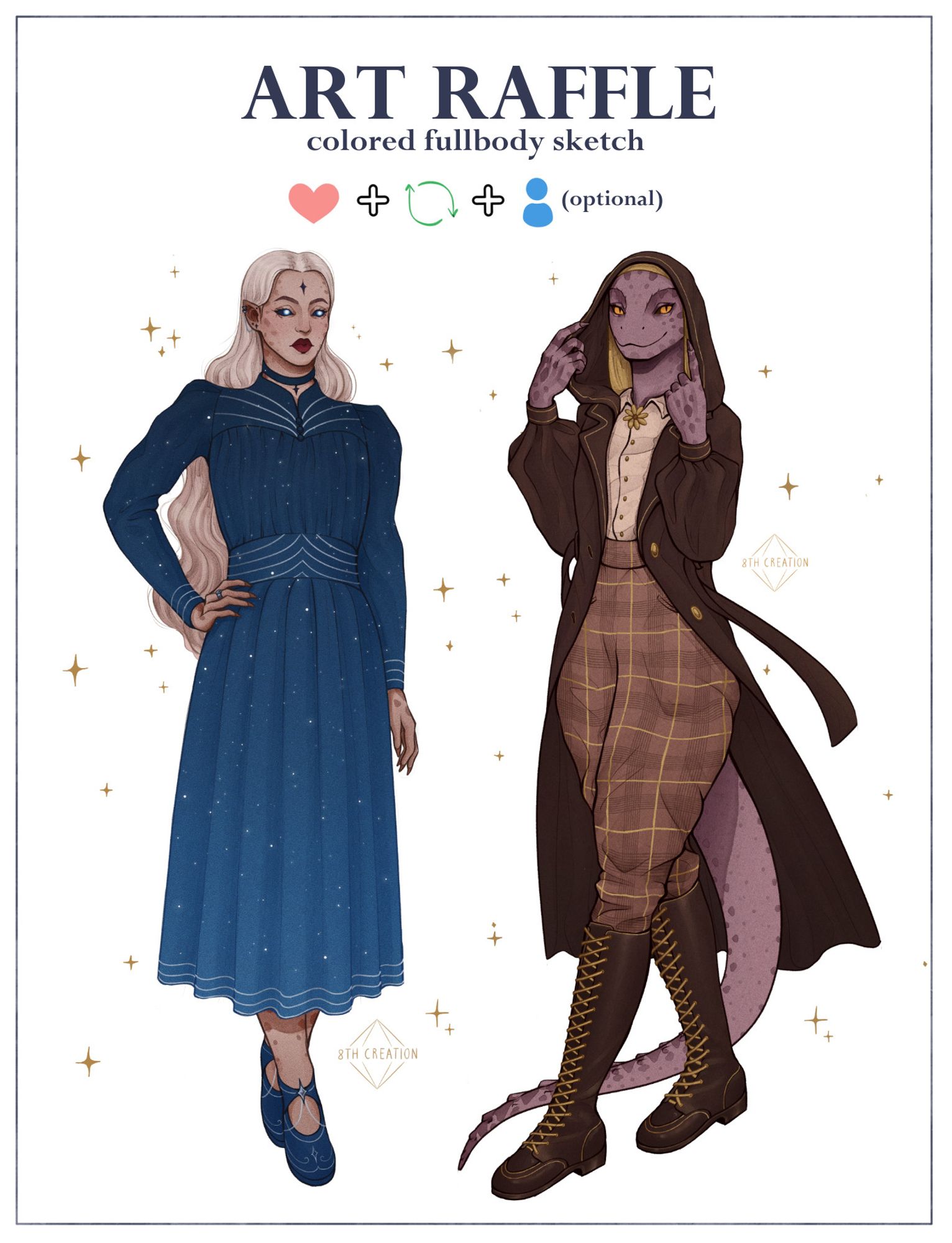 Art raffle announcement. There is a big "art raffle" text at the top, and below it there is smaller "colored fullbody sketch" text and like, repost, and follow icons. Two example drawings take up most of the picture. One is a blonde woman in a blue vintage dress, while the other is an anthropomorphic lizard in a brown coat, pants, and tall laced boots.