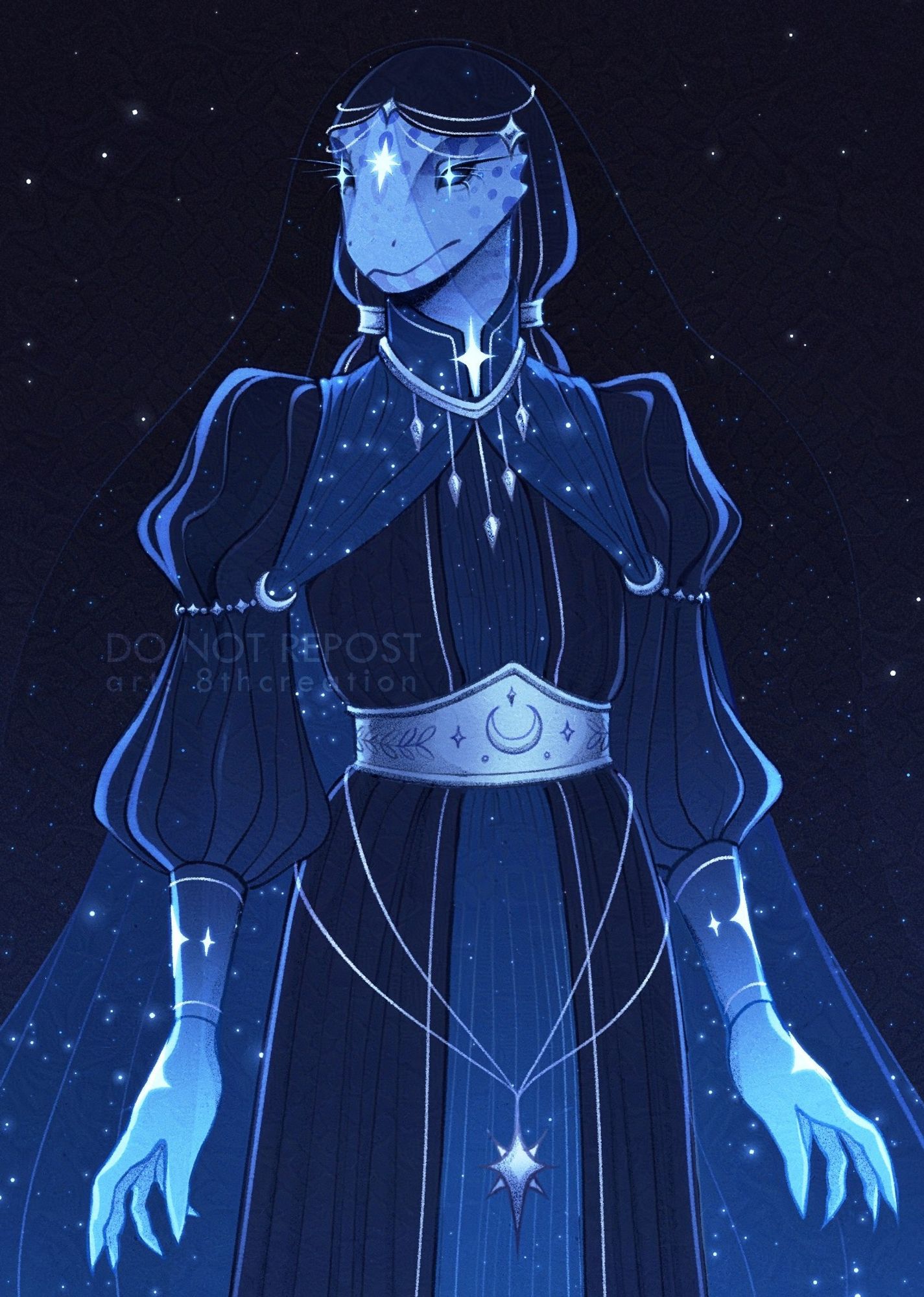 Anthopomorphic lizard. She is wearing a darkblue gown with puff sleeves, a blue glowing starry cape, silver jewelry, silver wide belt, a thick veil resembling a braid, and a second veil that is thin and flowy. She has a white glowing eight-pointed star mark on her forehead.