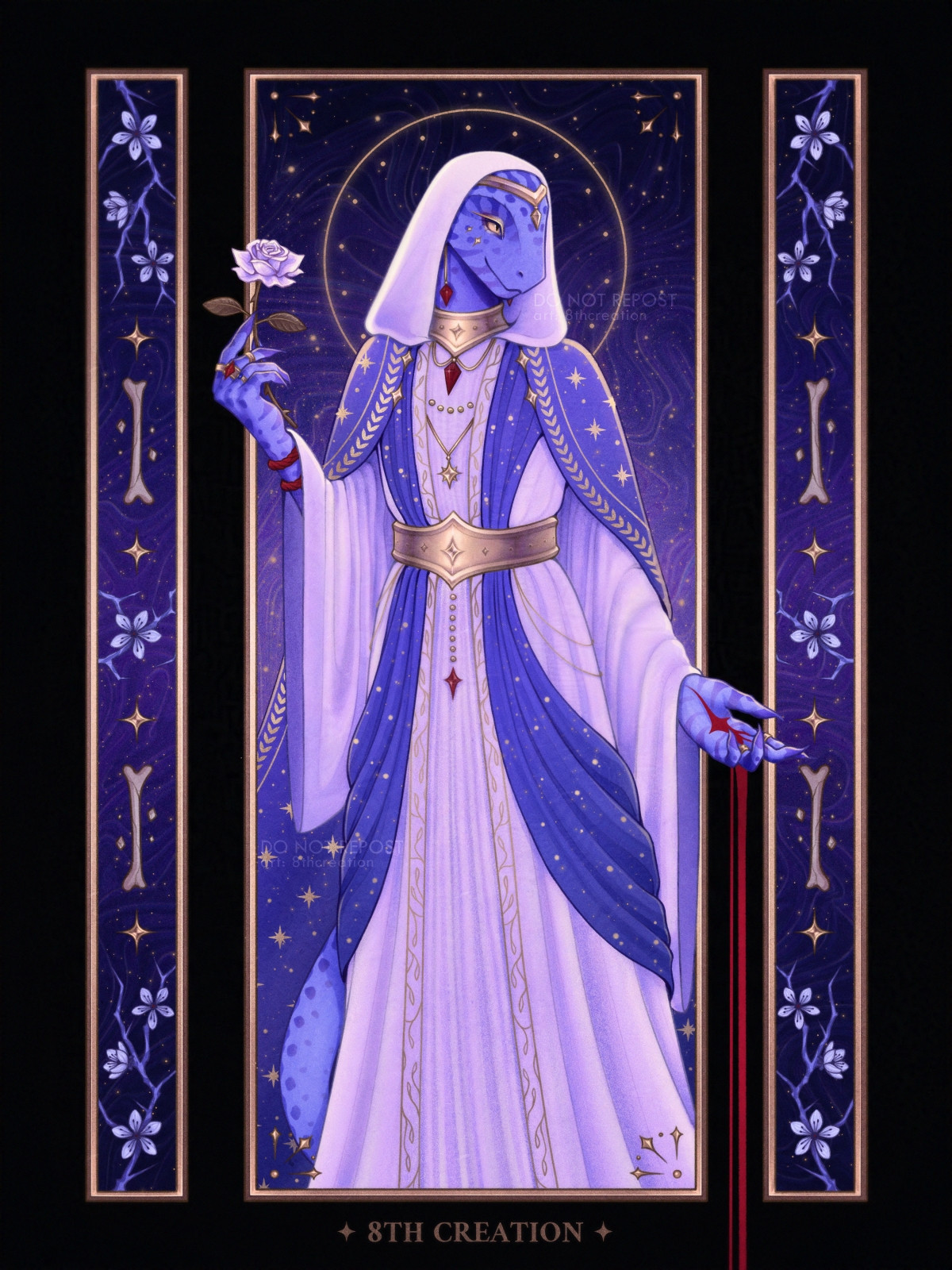 Illustration portraying a blue-skinned anthropomorphic lizard wearing white robes with a wide hood, golden jewelry, and a blue cape with golden celestial embellishments. His eyes are golden, and his skin is decorated with blue spots. He is holding a white rose in his right hand. There's a bleeding, star-shaped wound on his left hand. The background is purplish blue with golden swirls and a halo surrounding the character's head. There are two smaller frames on the sides of the artwork, each containing decorative blakthorn flowers, four-pointed stars, and bones.