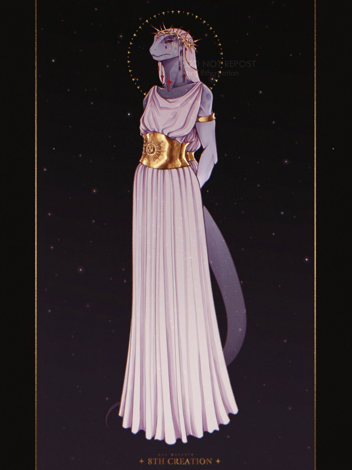 Artwork portraying an anthropomorphic lizard wearing a white veil, a golden thorn crown with red jewels, and a white dress with a wide golden corset belt. She has gray skin, red eyes, and a tail darkened near the tip. The background is dark, full of stars.