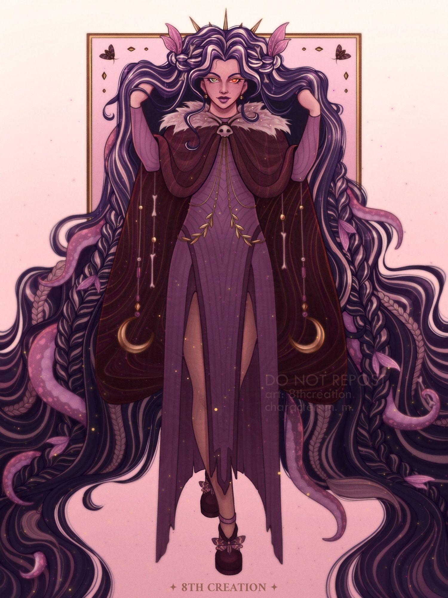 Artwork portraying a woman holding her really long, wavy, dark purple hair with white highlights. She has pale skin, a green right eye, and an orange left eye, and she is wearing a purplish brown wing-shaped cape with a fur collar, a purple dress, and golden jewelry. Her shoes have moths attached to them in the front. There are pink tentacles entangled in her partially braided hair. There's a simple golden frame in the background.