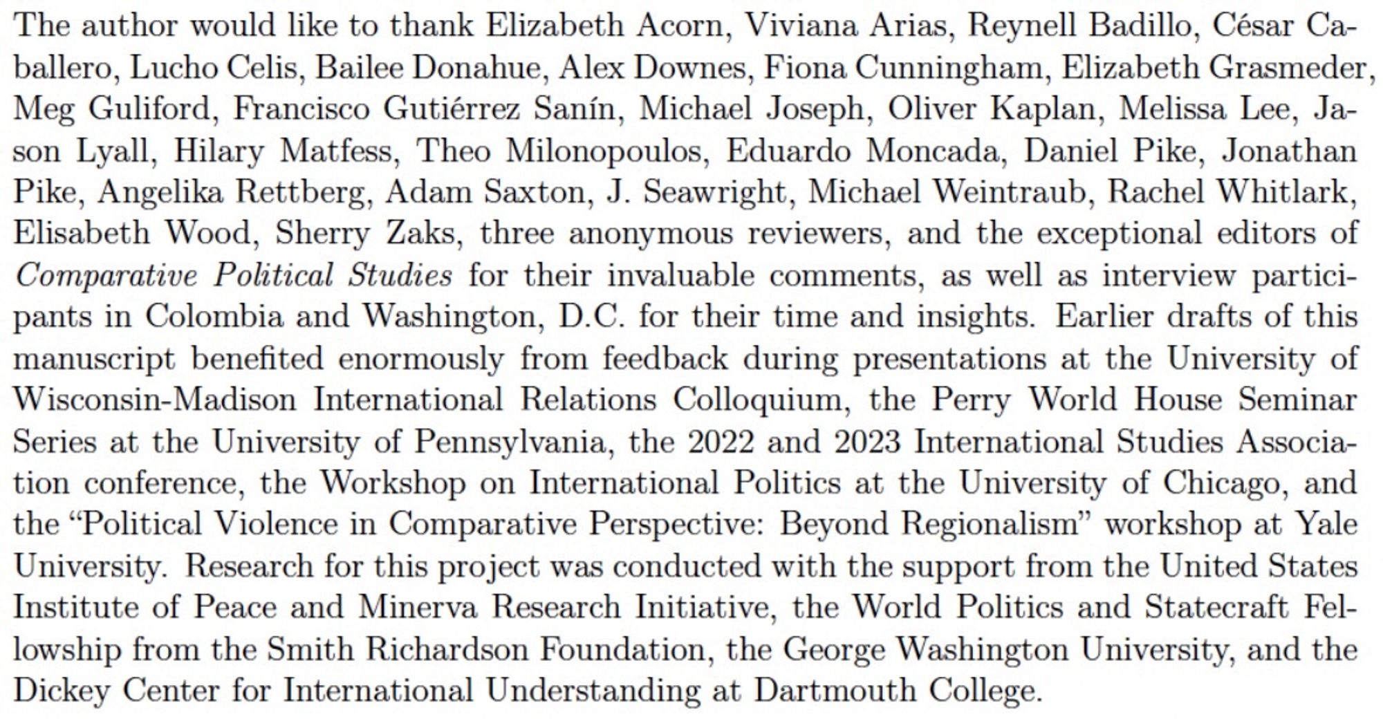 This image is a screenshot of article acknowledgments, listing the individuals and institutions that provided feedback on my work.