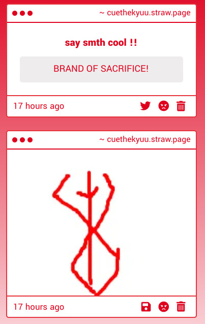 a strawpage gimmick of someone saying "BRAND OF SACRIFICE!" and below it is a drawing of one of the logos