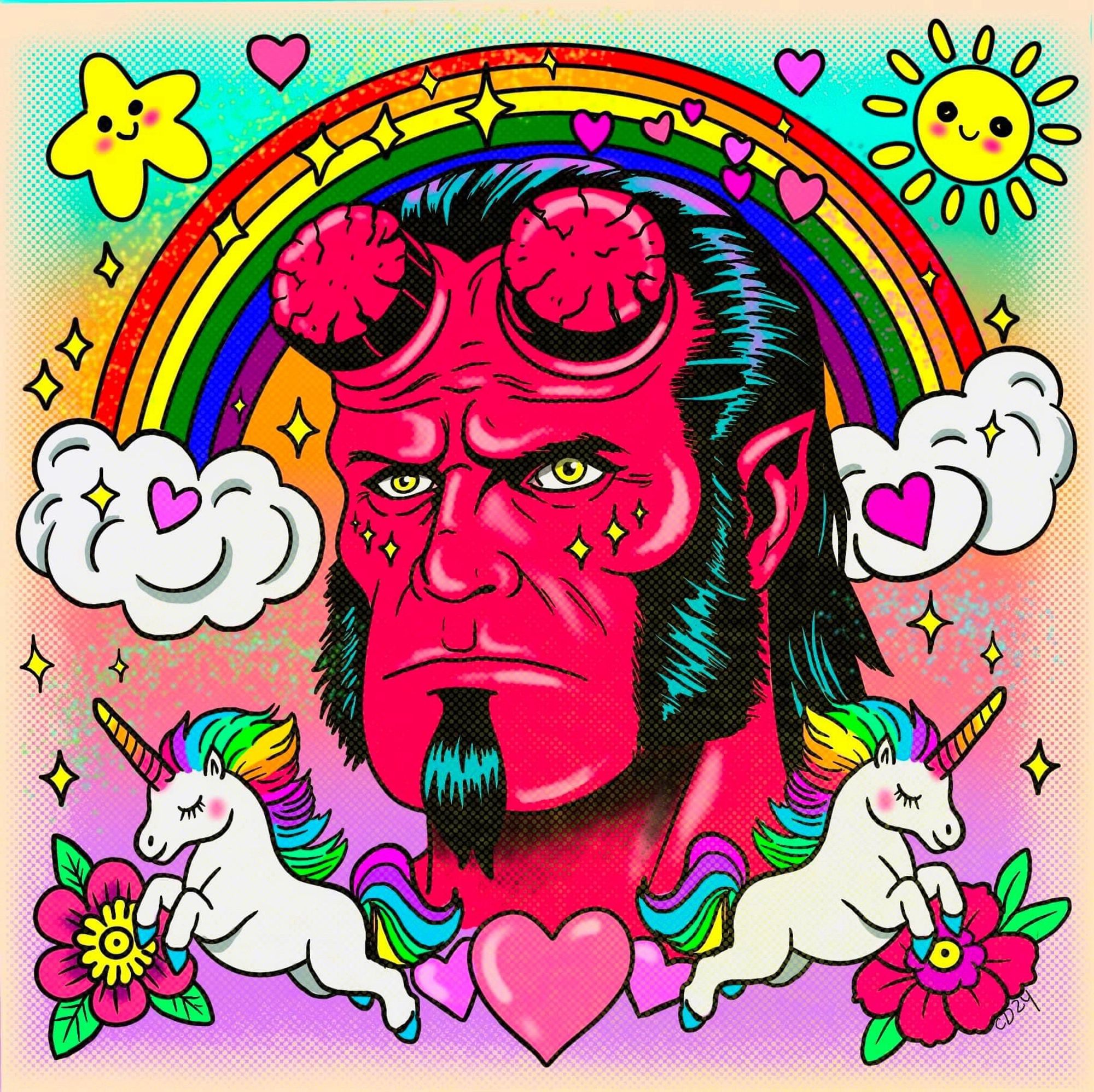 Drawing of Hellboy in a cartoonish Lisa Frank style