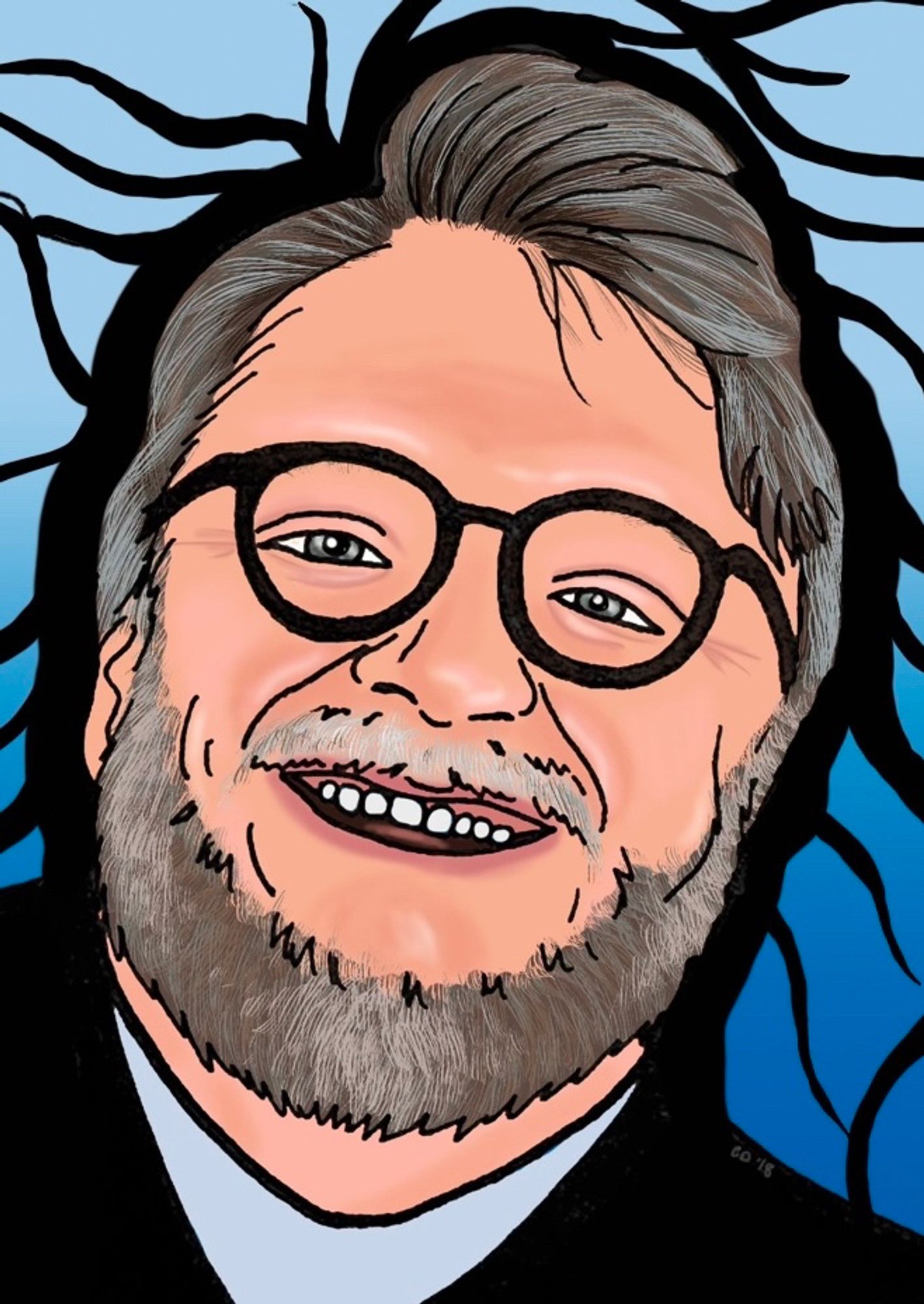 Digital portrait illustration of director Guillermo del Toro