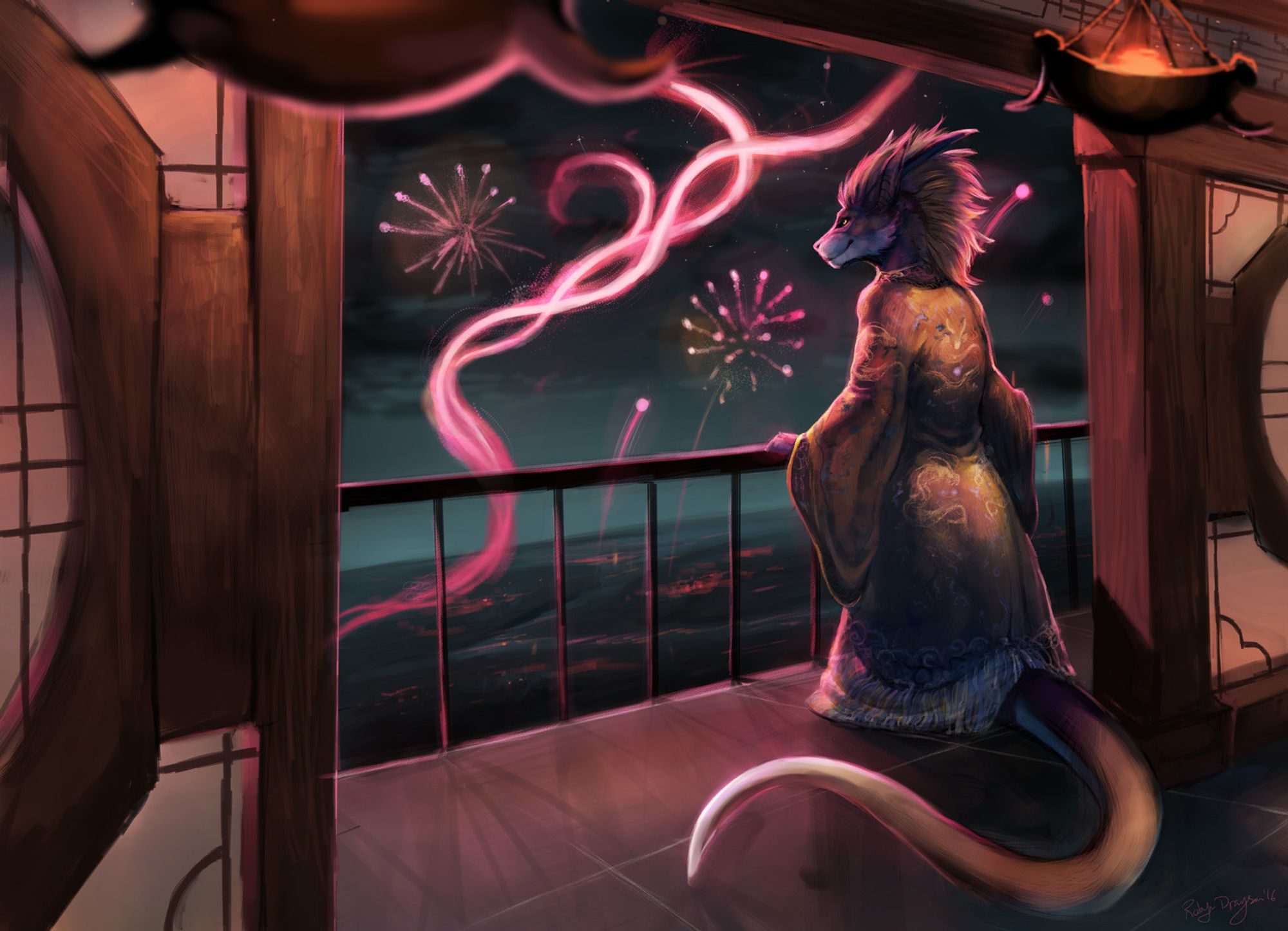 anthro dragon looking at fireworks