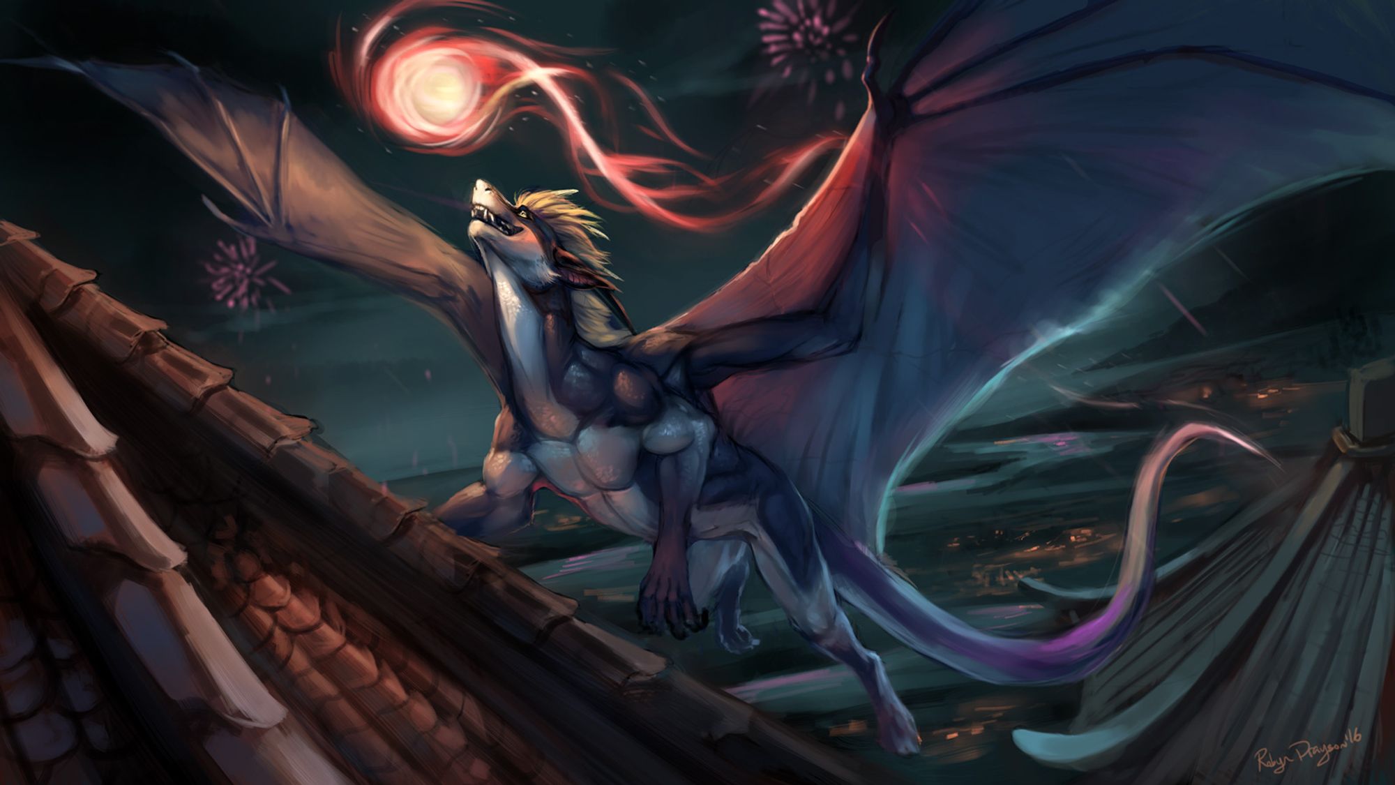 feral dragon chasing fireworks