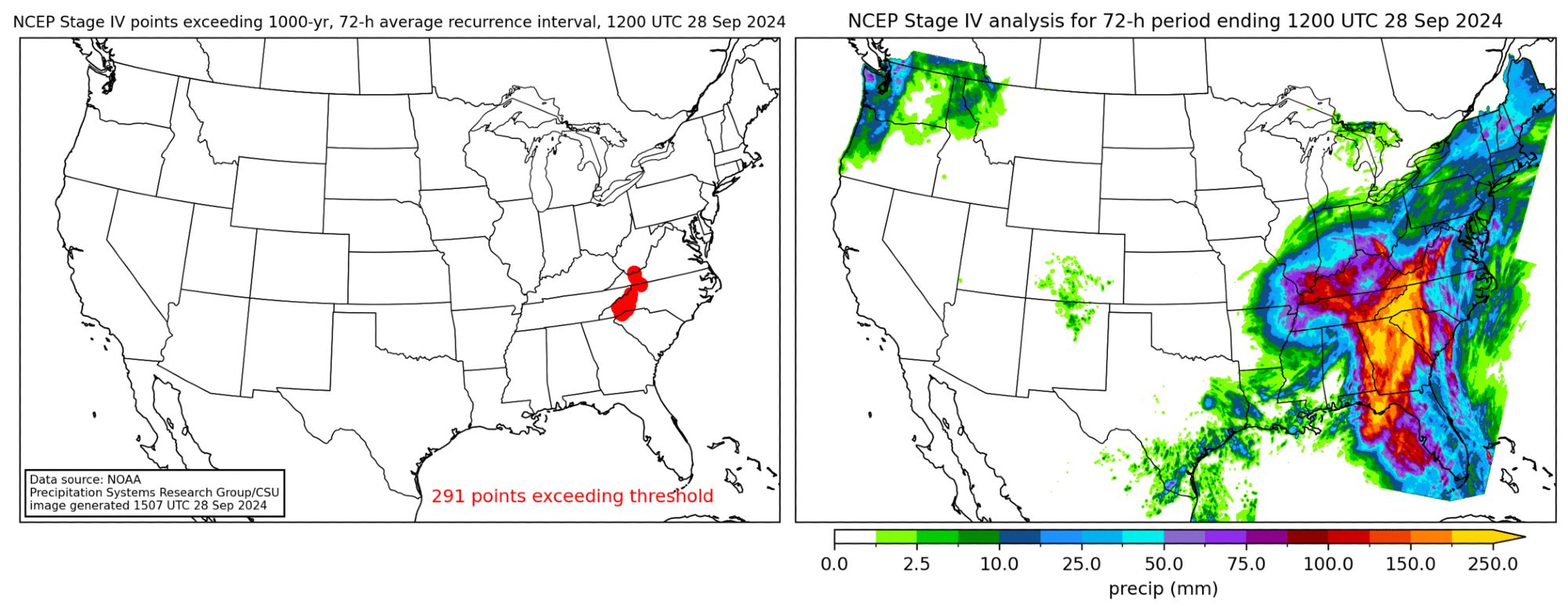 map of 72-hour rainfall totals from Helene and the locations that exceeded the 1000-year average recurrence interval for 72-hour rainfall.