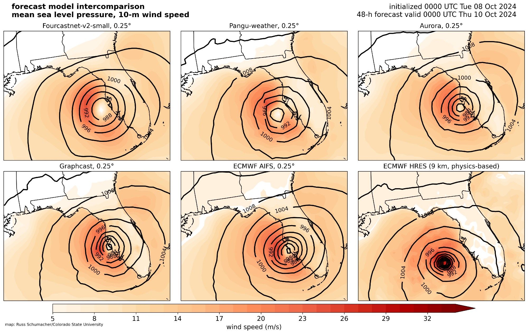 Same as previous image, but 6 hours later. AI models show landfall in Florida around this time, the physics-based model is still well off shore.