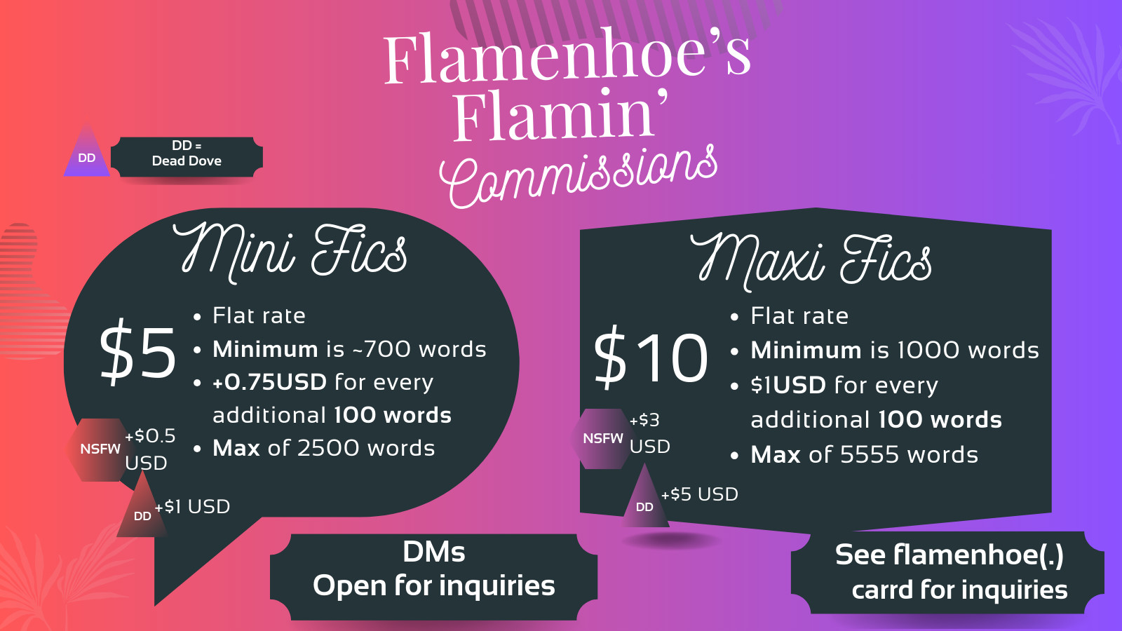 $5USD MINI FIC COMMISSIONS
> Flat rate
> Minimum is ~700 words
> +0.75USD for every additional 100 words
> Max of 2500 words
DMs open for inquiries 

$10USD MAXI FIC COMMISSIONS
> Flat rate
> Minimum is 1000 words
> $1USD for every additional 100 words
> Max of 5555 words
(see flamenhoe.carrd.co/#comms)