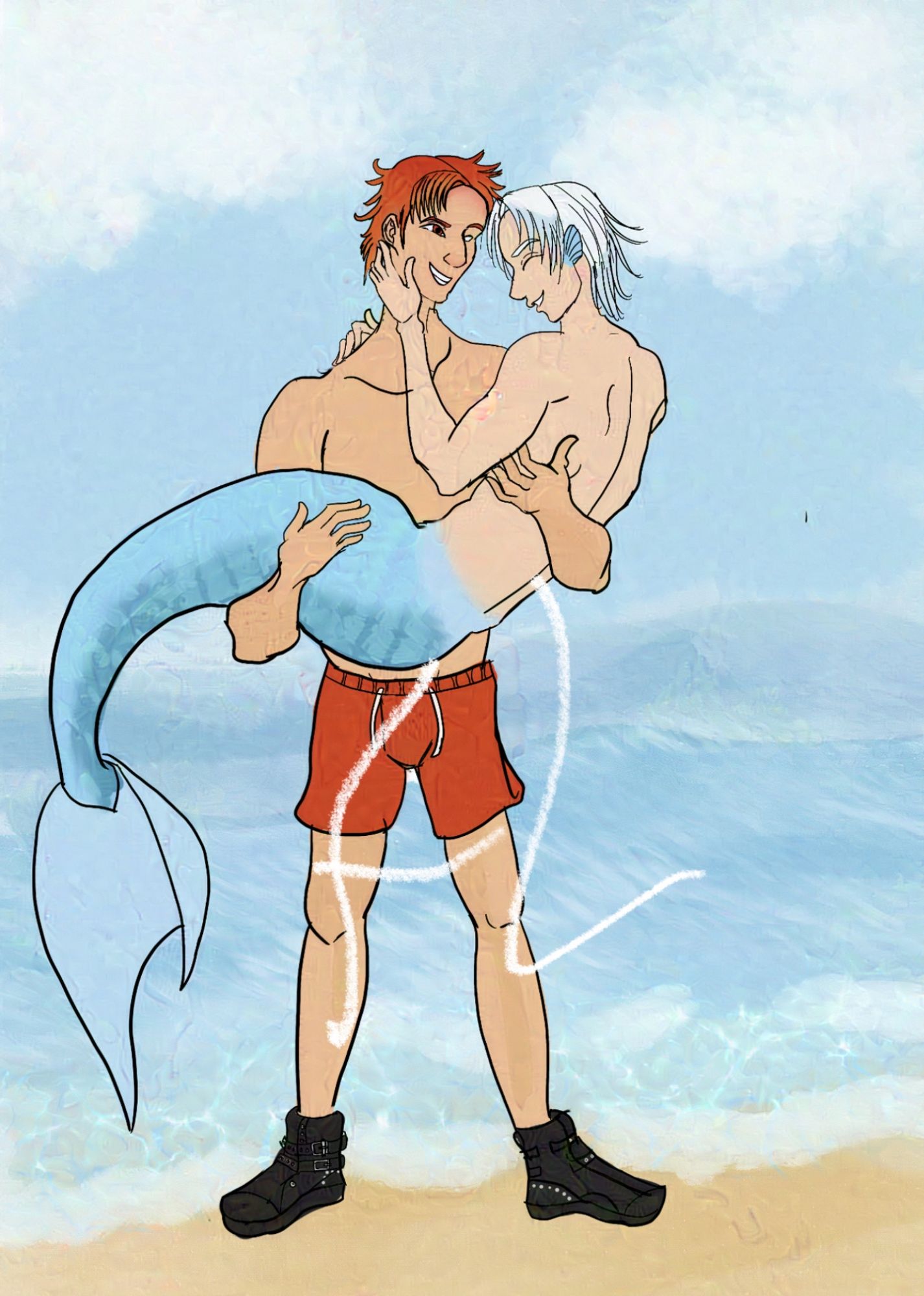 Front view Drago carrying Caspian in his arms on the beach. Drago is a young tall, well toned 16 year old with bright red and orange hair, white skinned. 
Caspian has Snow White hair with blue streaks, pale skin, a light blue fish tail.