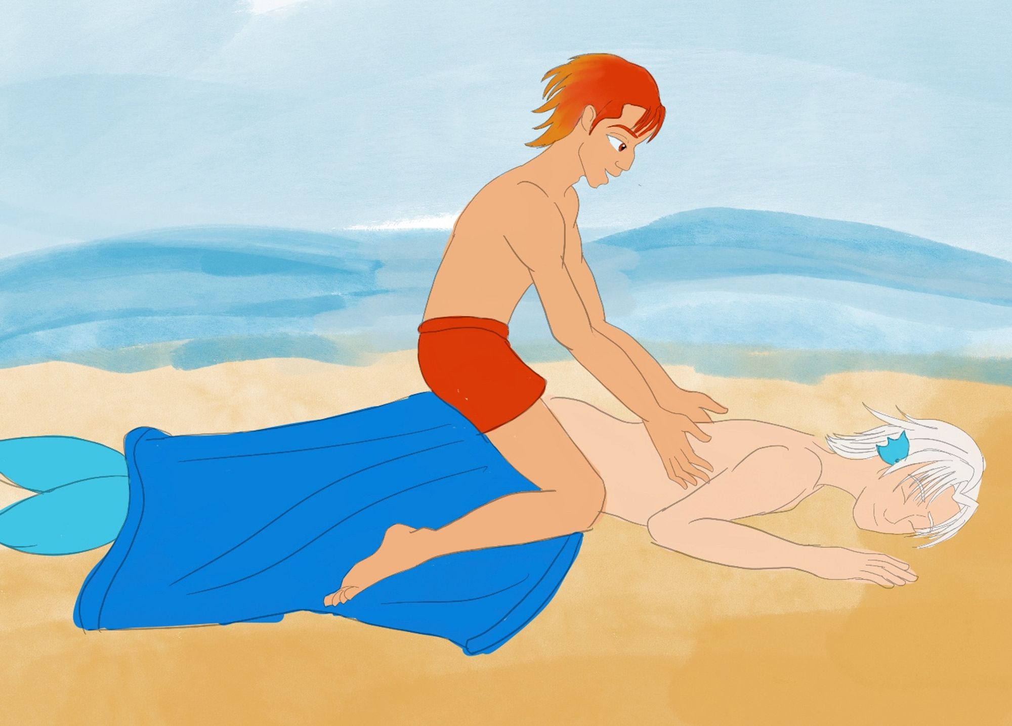 Drago massaging Caspian’s back. Drago is a young tall, well toned 16 year old with bright red and orange hair, white skinned. 
Caspian has Snow White hair with blue streaks, pale skin, a light blue fish tail.