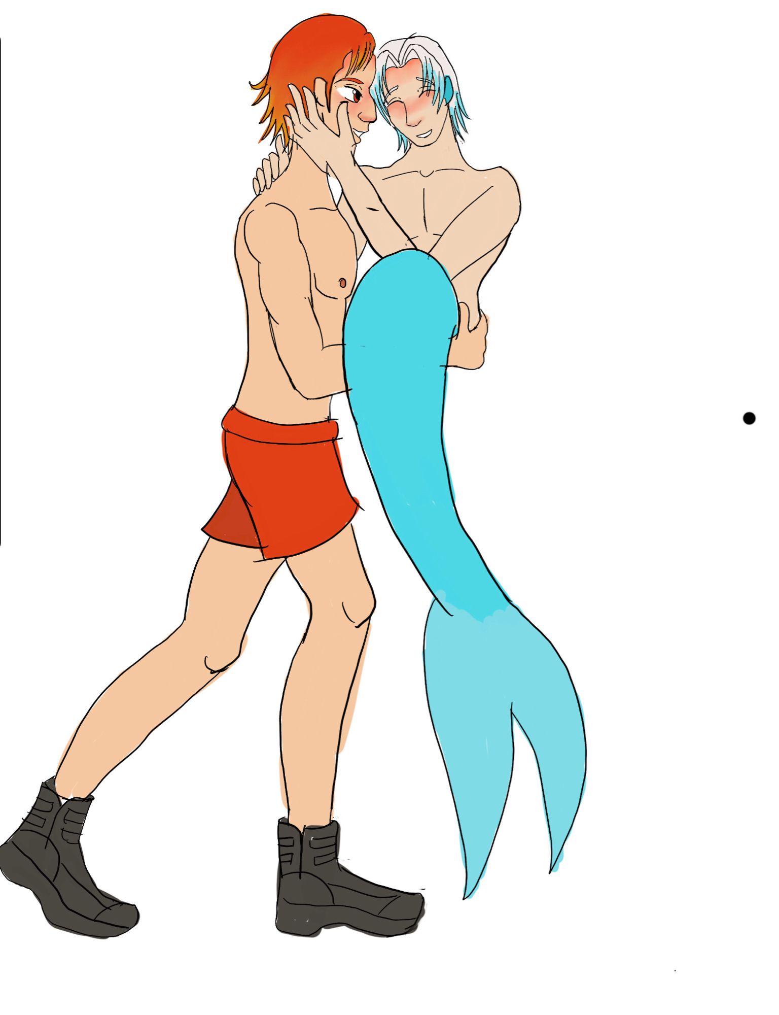 Side view of Drago carrying Caspian in his arms. Drago is a young tall, well toned 16 year old with bright red and orange hair, white skinned. 
Caspian has Snow White hair with blue streaks, pale skin, a light blue fish tail.