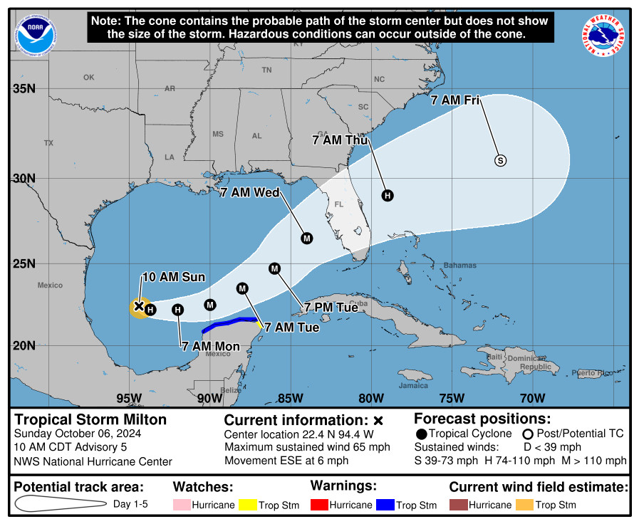 Oct 05 11am ET forecast track cone from NHC showing Milton, currently just north of the Gulf of Campeche, intensifying into a major Cat 3+ hurricane as it moves northeastward across the Gulf of Mexico, making landfall in this forecast sometime between 7AM Wed and 7AM Thu ET.