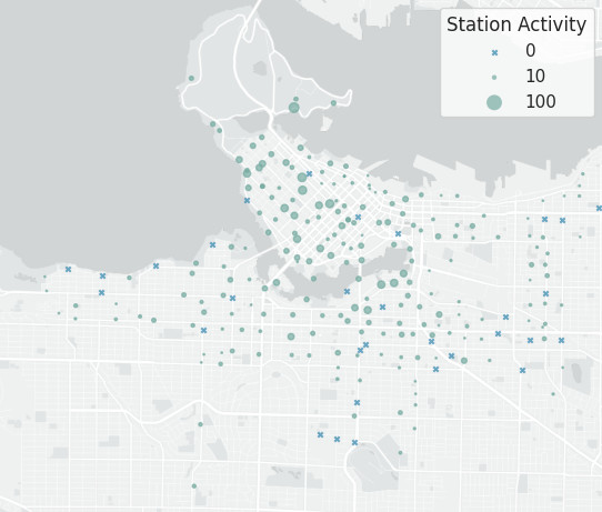 Map of stations with circle radii corresponding to number of trips yesterday