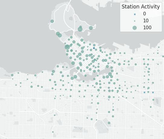 Map of stations with circle radii corresponding to number of trips yesterday