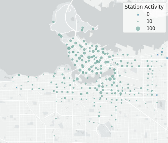 Map of stations with circle radii corresponding to number of trips yesterday