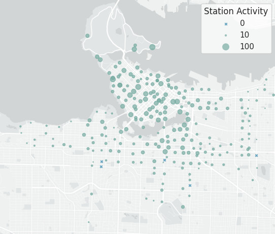 Map of stations with circle radii corresponding to number of trips yesterday