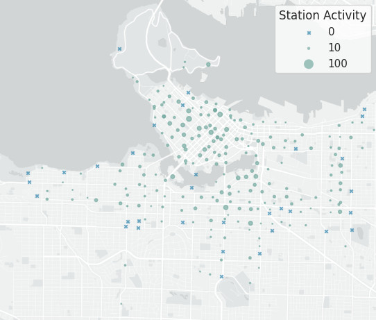 Map of stations with circle radii corresponding to number of trips yesterday