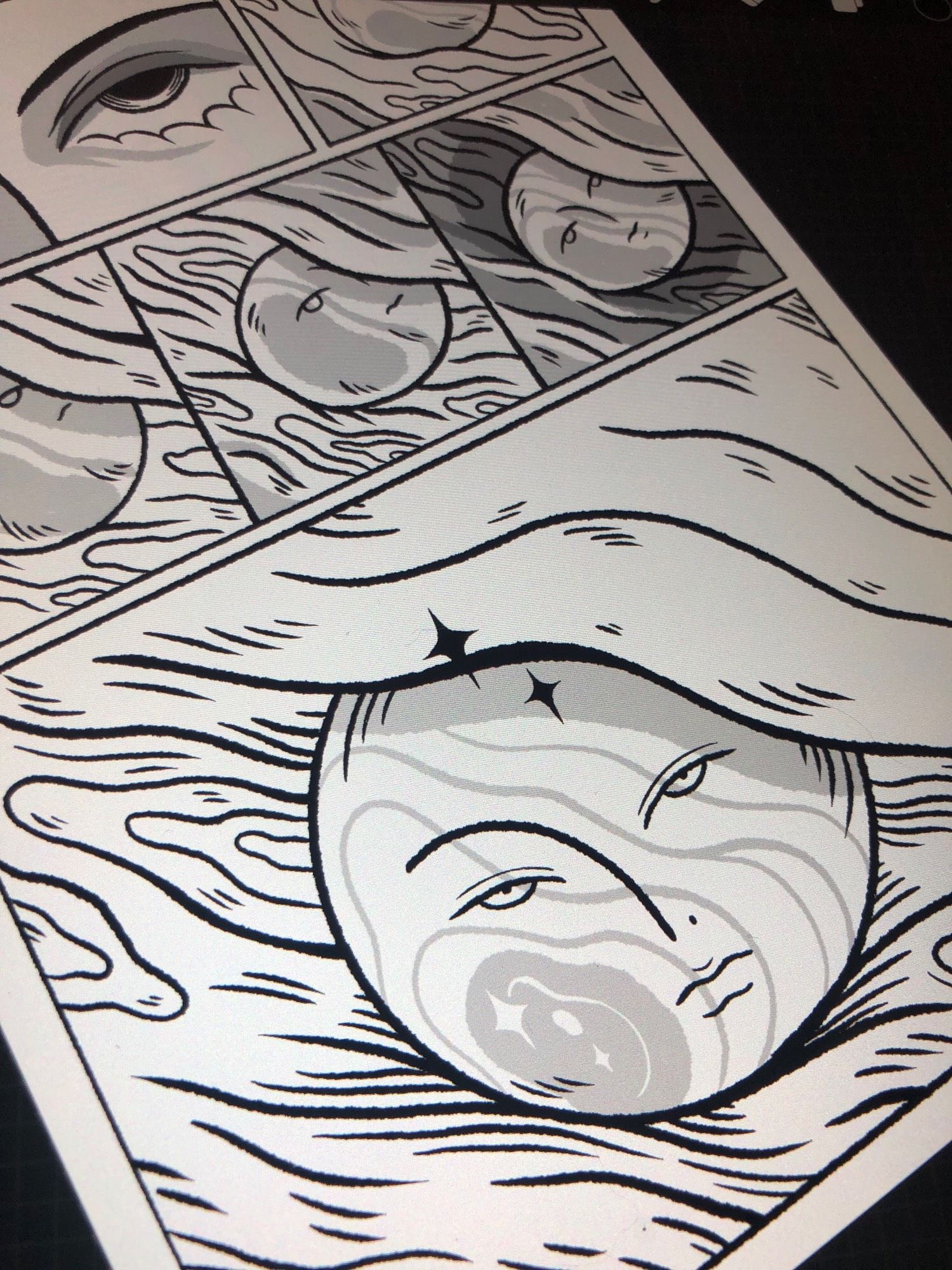 WIP of a page from a short story I’m working on. Black and white panel of a pearl with a face.