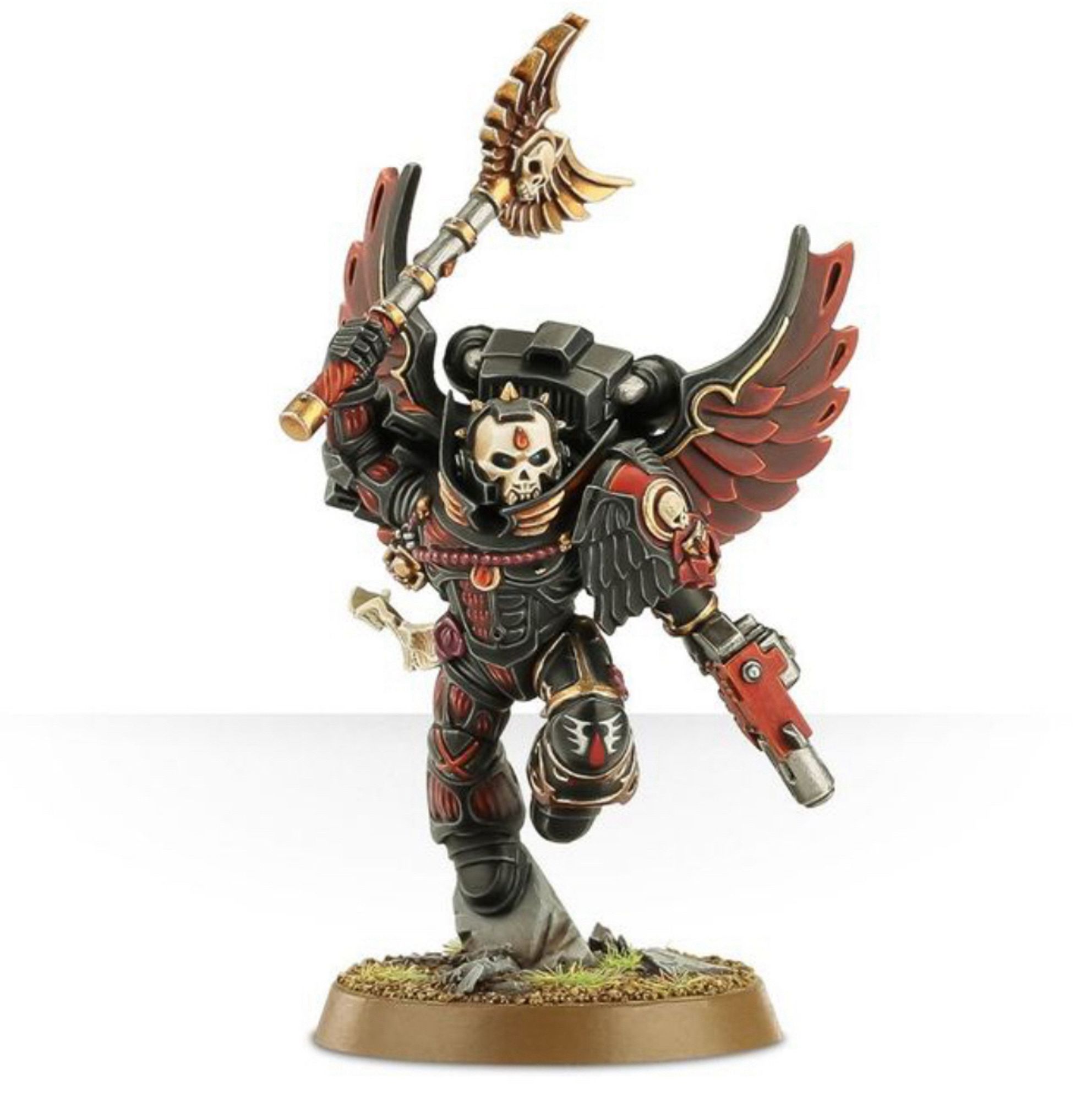 Blood angels chaplain with jump pack. 

He’s in black armour with a skull mask and red wings. He’s holding a crosius arcanum aloft ready to smack down some heretics