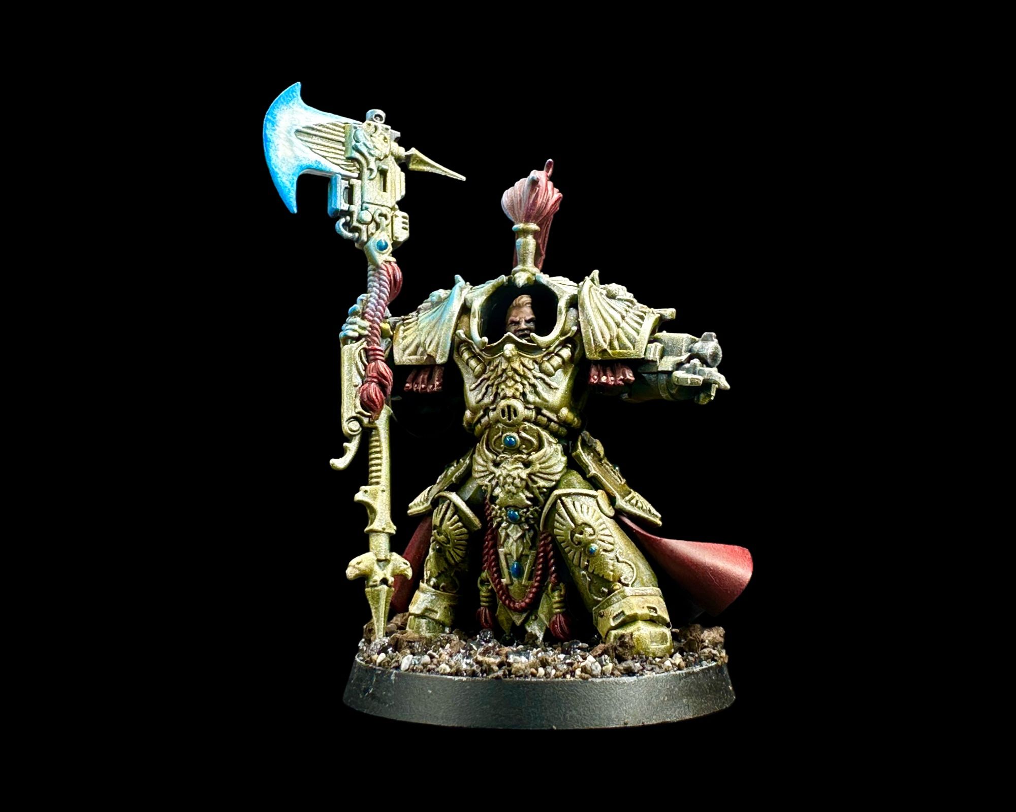 Allarus Custodian in gold armour with red cloak and tassels. She’s carrying a custodian axe that glows blue. She’ll definitely fuck you up.