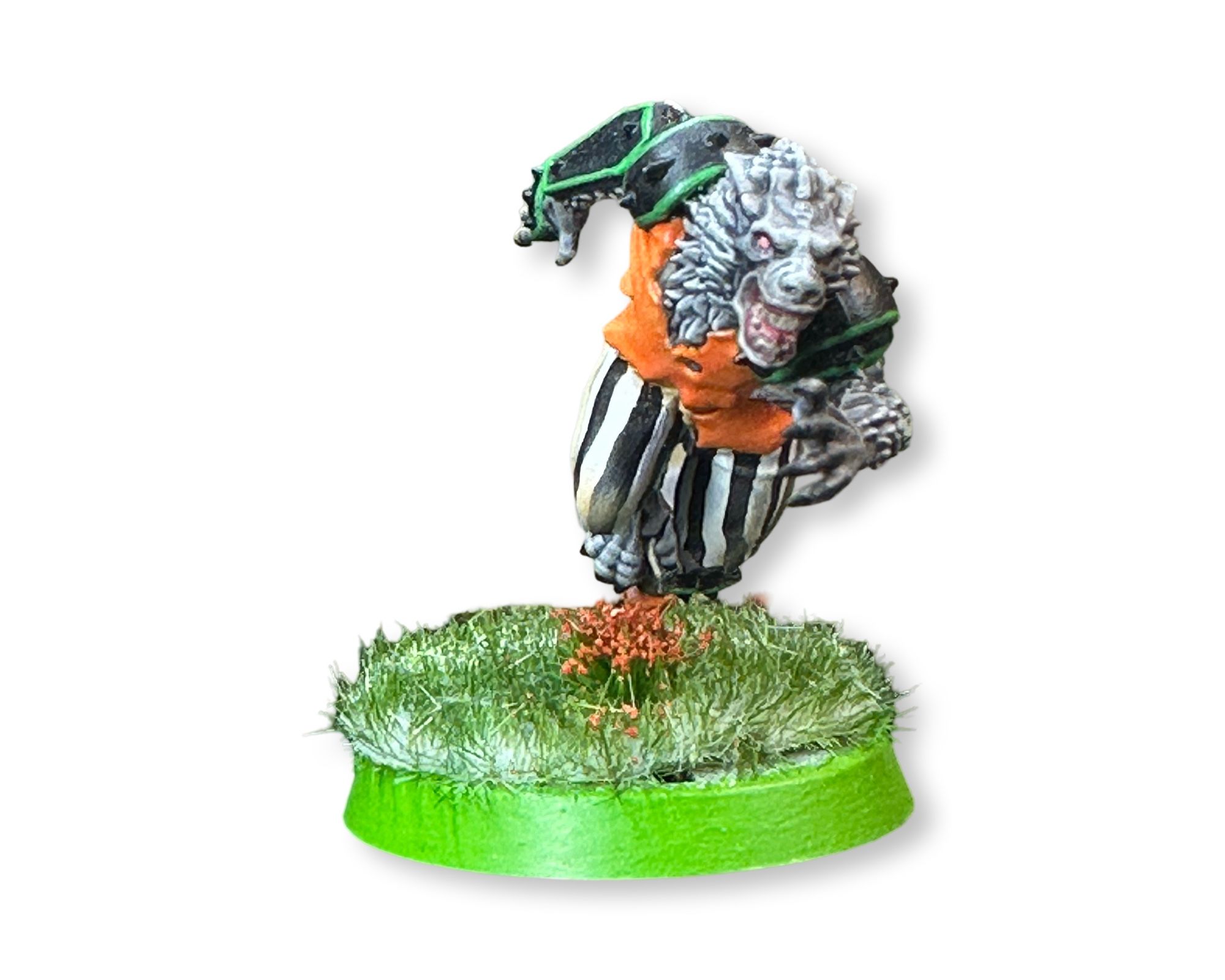 A werewolf from the Necromantic Horror blood bowl team. He’s wearing black and white striped trousers. An orange shirt and black armour with green trim. He’s hurtling towards the camera. Good dog.