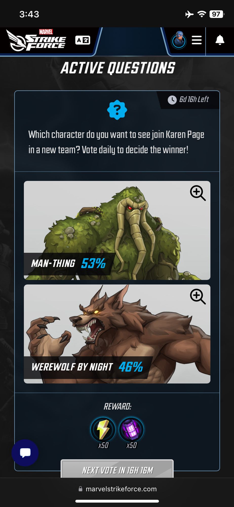 Marvelstrikeforce . Com’s current poll for the bext playable character has Man-Thing at 53% of the vote and Werewolf By Night at 46%.