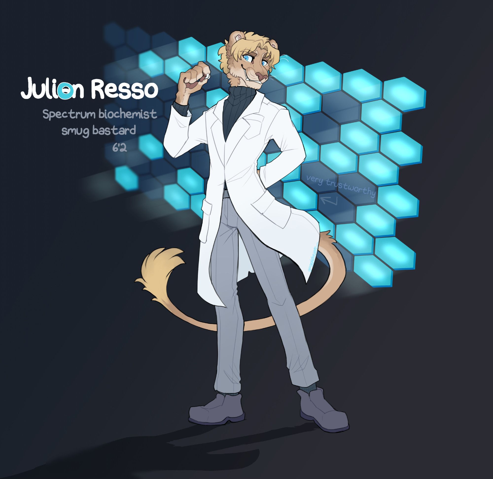 A handsome lion with a shortish, blonde mane stands dynamically in front of a hexagonal blue panel light wall. He wears a labcoat and black turtleneck with gray slacks, and his tail curls around behind him. One hand is raised with his finger and thumb pressed together, and he looks at the viewer with a smug grin.