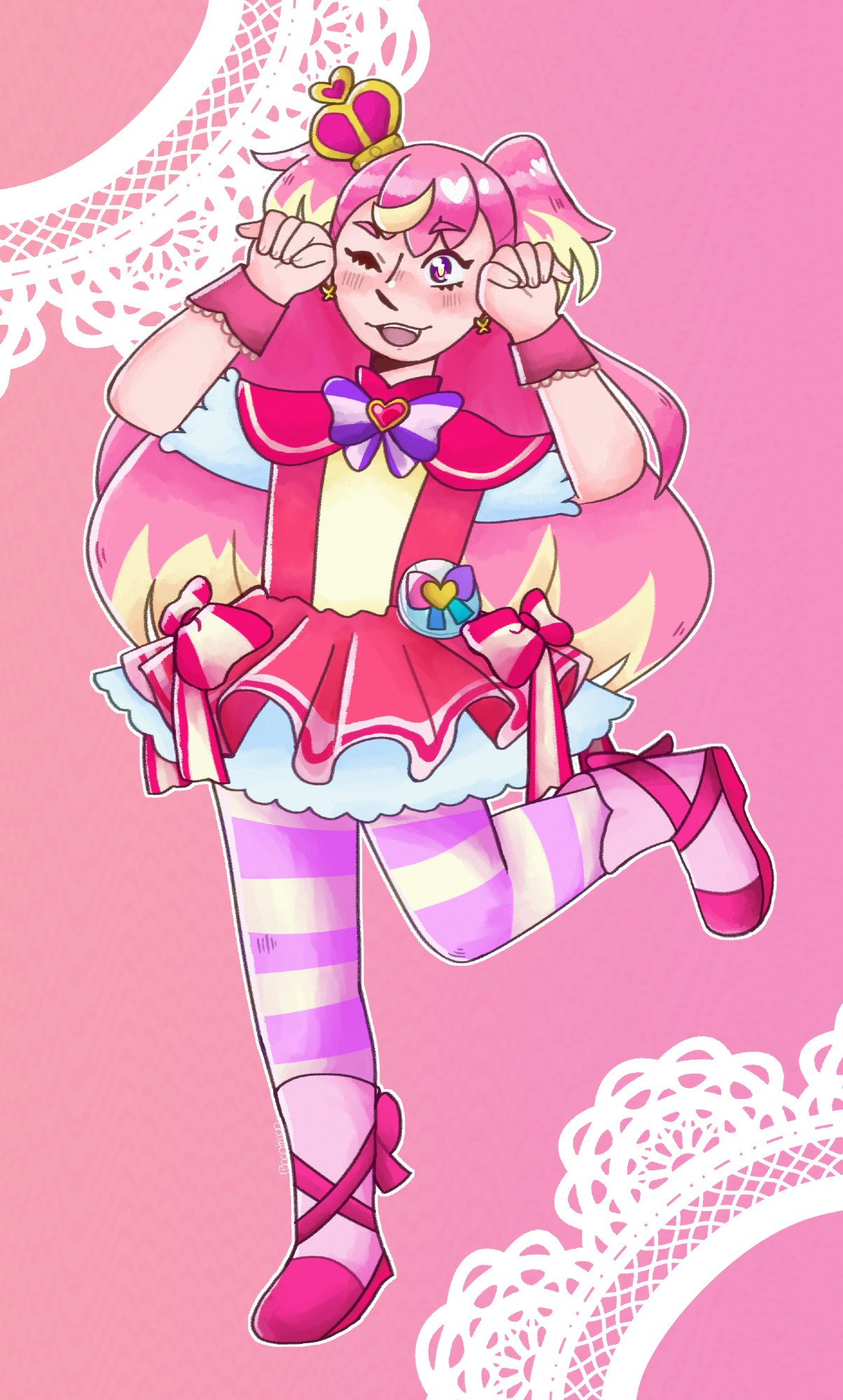 A drawing of Cure Wonderful from Precure on a pink background with white lace accents. She stands in her transformation pose, with one leg lifted, and her hands to the sides of her head. 