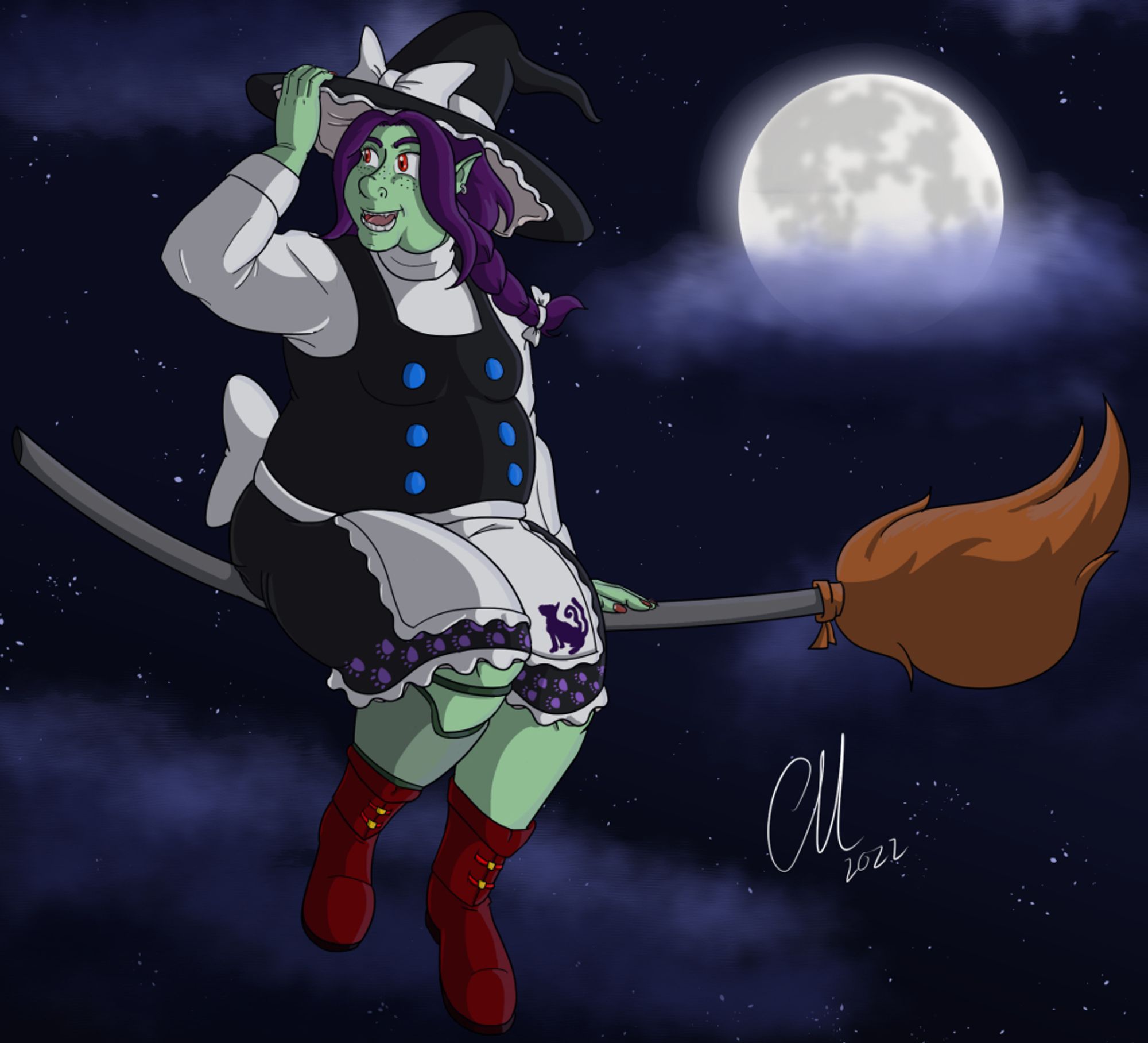 Ariq, the e-ogress, dressed as Marisa Kirisame, from Touhou. She's wearing Marisa's outfit from "Touhou 17 - Wily Beast and Weakest Creature", riding a flying broom with a full moon sky background behind her.