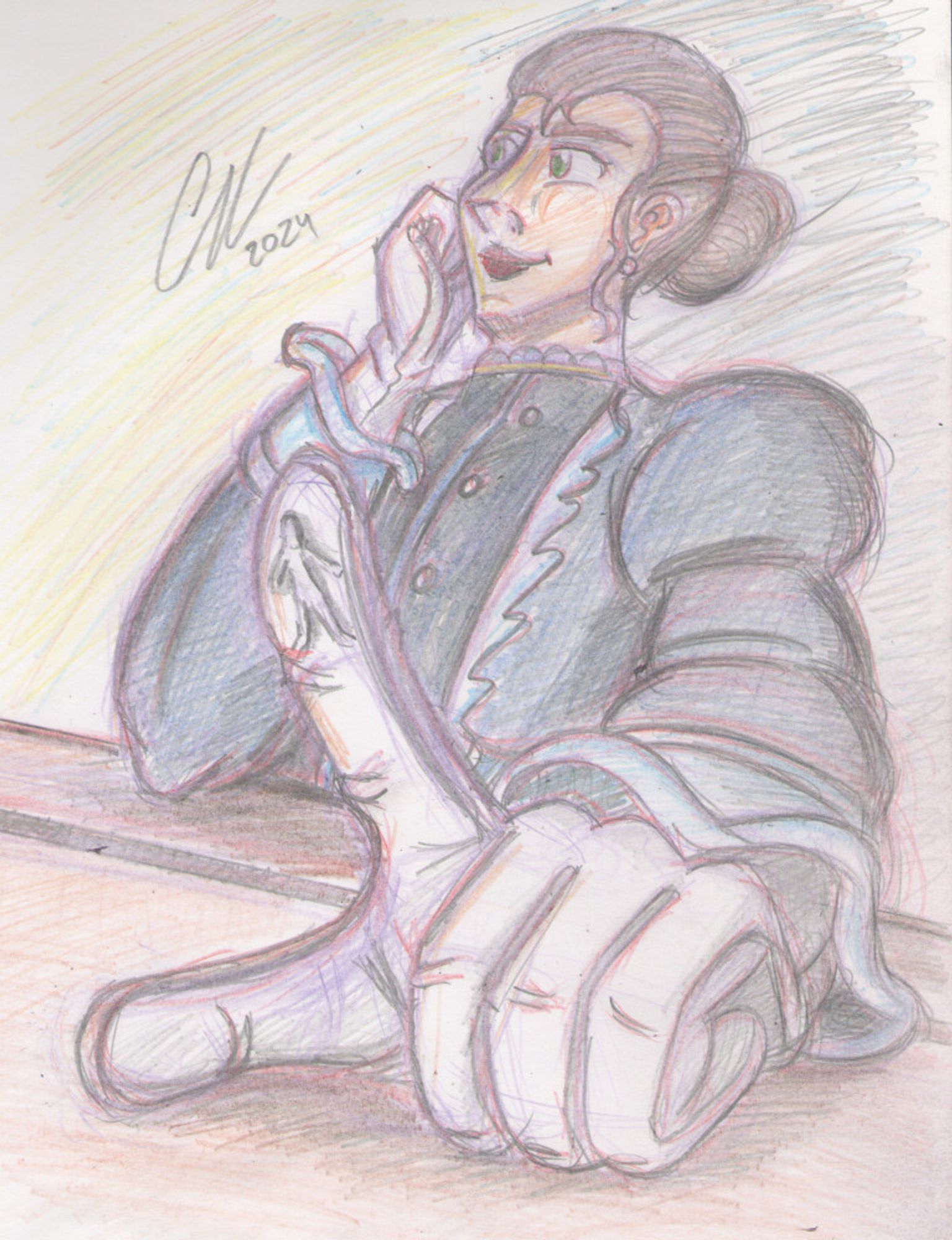 A colored pencil sketch of some high class woman. She's got green eyes, with her brown hair in a bun, and is wearing a dark blue dress, with long sleeves, and white gloves. She's sitting down, her right arm on the table as her face rests on her right hand. The left arm is extended, as she's tapping the table with her left index finger. On the glove's fingertip, there's the silhouette of a shrunken person, trapped in between skin and fabric.