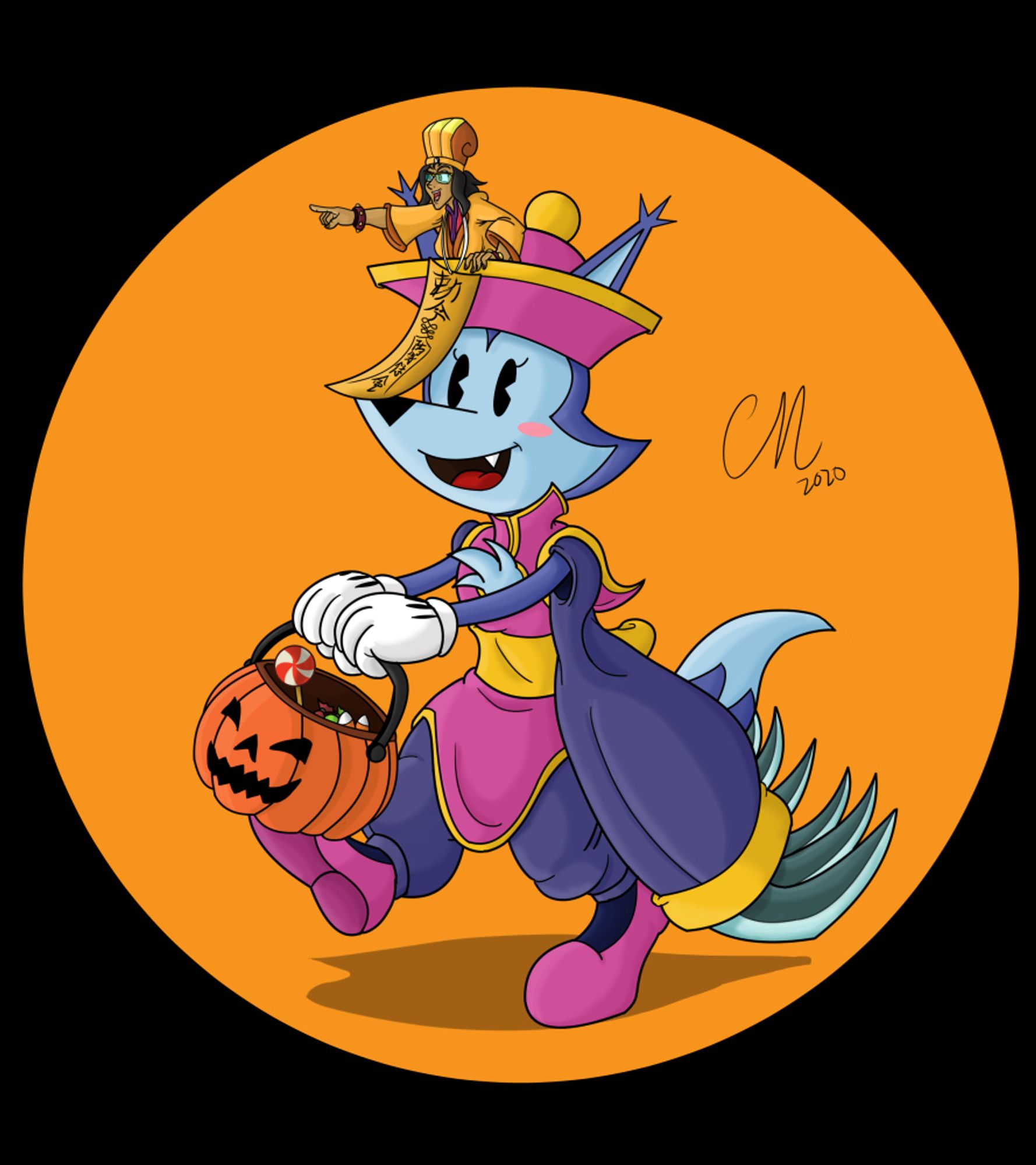 Chiki Vulpin and Maggie Cid are going trick-and-treating for Halloween. Chiki is dressed as Darkstalkers' Hsien-Ko, while Maggie is on her hat, dressed as Hsien-Ko's sister, Mei-Ling, while carrying a paper seal.