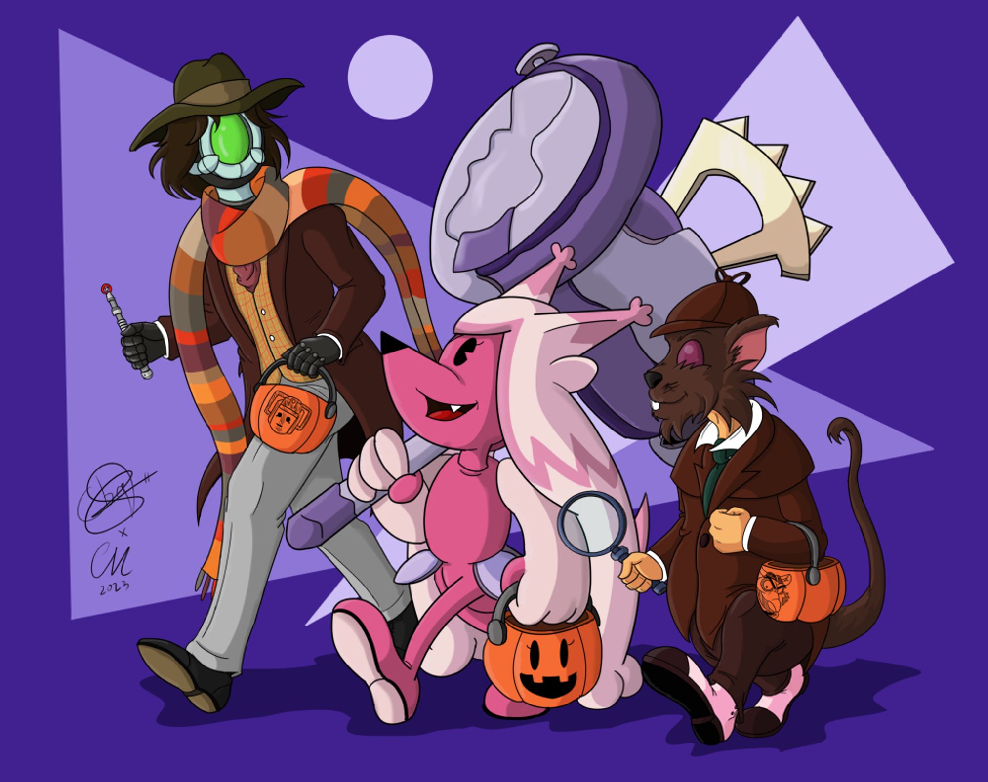 Monty Pantheon, Chiki Vulpin and Mike the Baliflid are going for some trick-or-treatin'. Monty is dressed as the Fourth Doctor (along with his characteristic and colorful scarf), Chiki as a Tinkaton and Mike as Basil, the great mouse detective. They're all carrying plastic pumpkins to collect some candy.