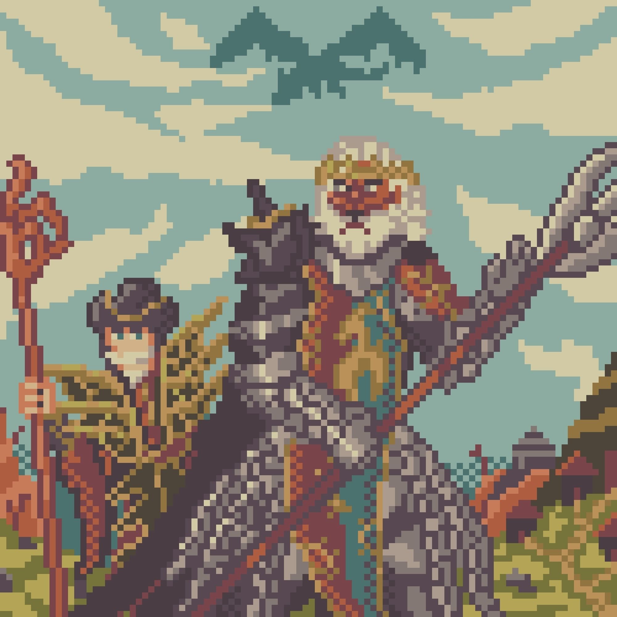 Pixel art of a beastren mystic spearhand with white hair and beard and an old human sorcerer pawn, from dragons dogma 2