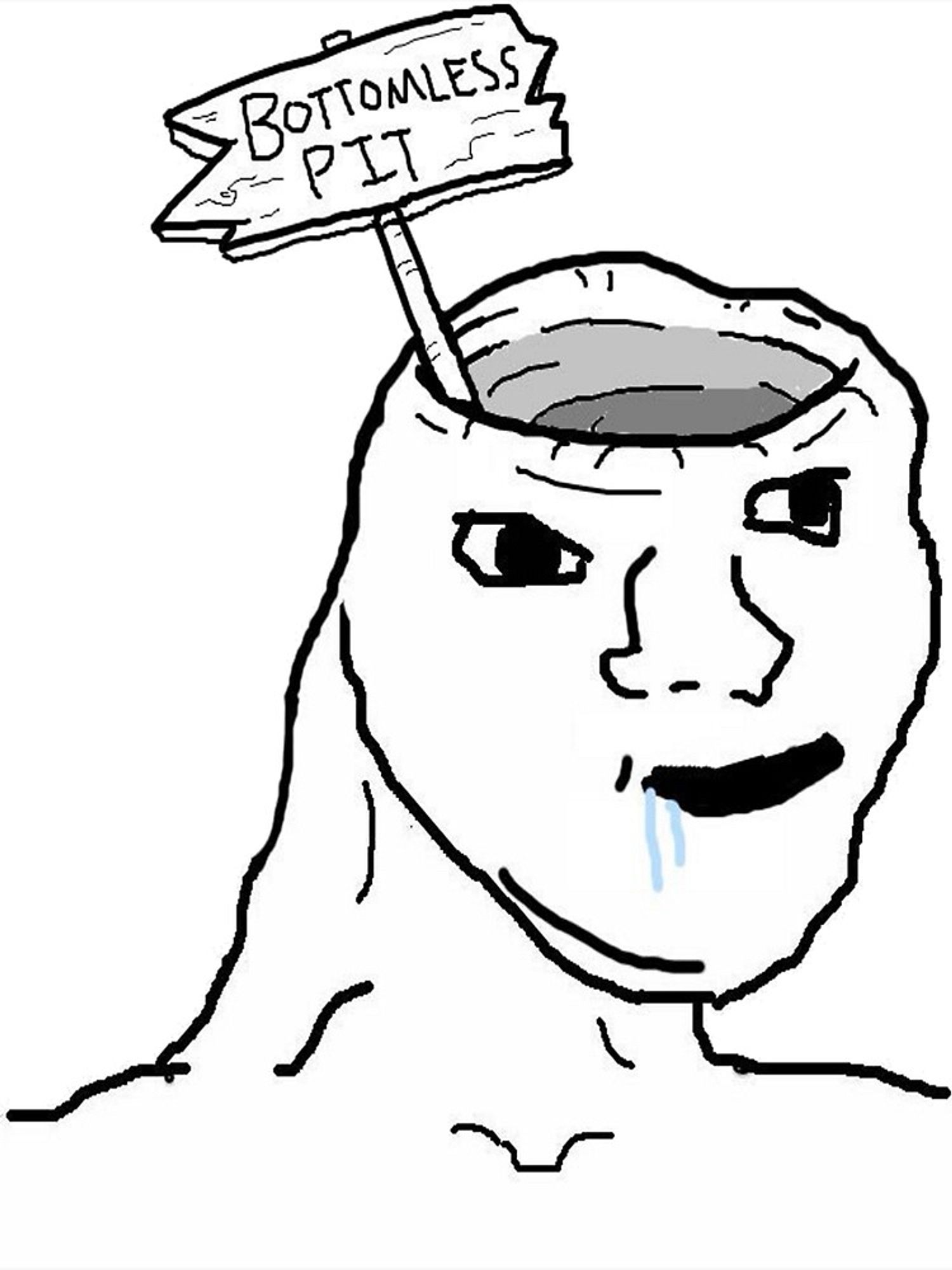 A wojak with a gaping pit where it's brain should be, with a proximate sign proclaiming: BOTTOMLESS PIT