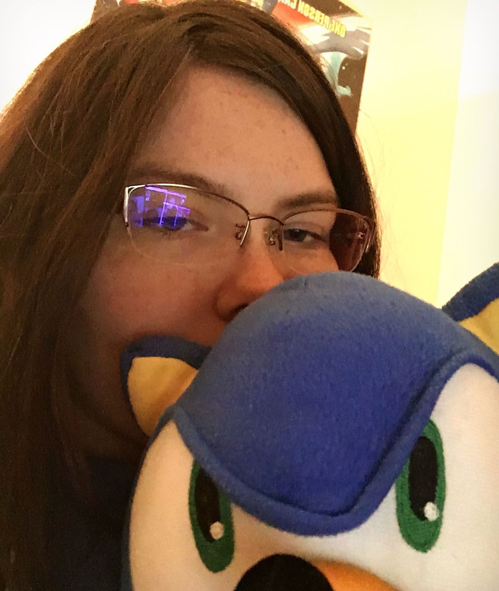 Face selfie of myself. I am in a college form, with a slightly hidden Pokemon poster behind me. In front of and obscuring my face is a giant bed sonic plushie.