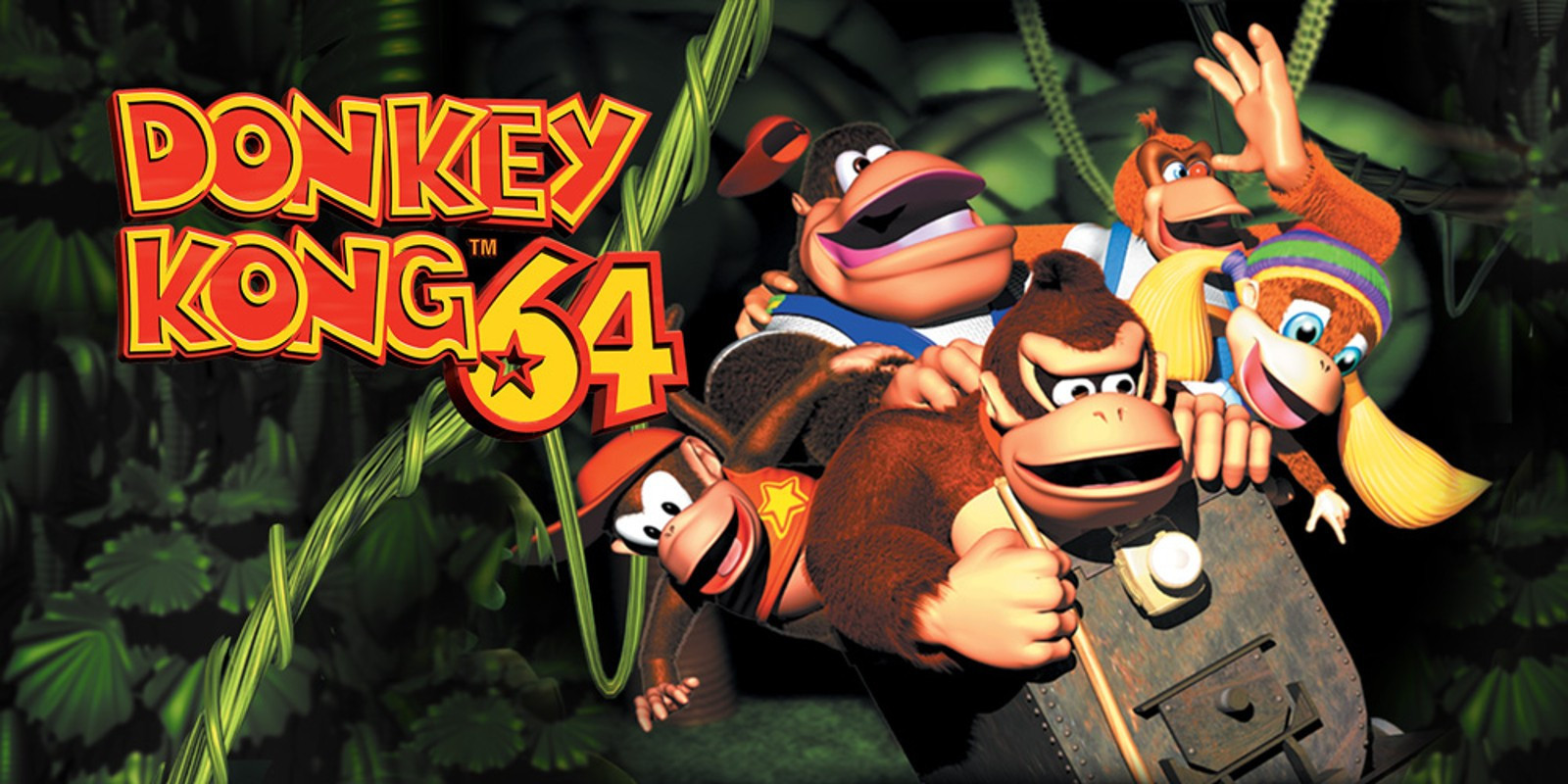 A promotional image for the Nintendo 64 game Donkey Kong 64. It shows Donkey Kong, Diddy Kong, Tiny Kong, Lanky Kong, and Chunky Kong riding in a mine cart on a green jungle vine background.