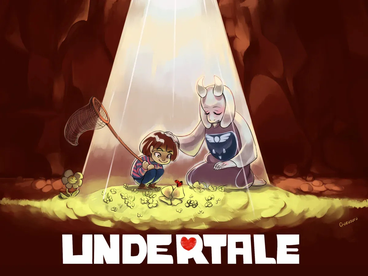 The cover of hit indie game Undertale. It shows a small human child holding a bug catching net, about to catch a ladybug in a field of yellow flowers. A goat woman kneels next to them with her hand on their head. The two are in a dark place with light streaming down from above.