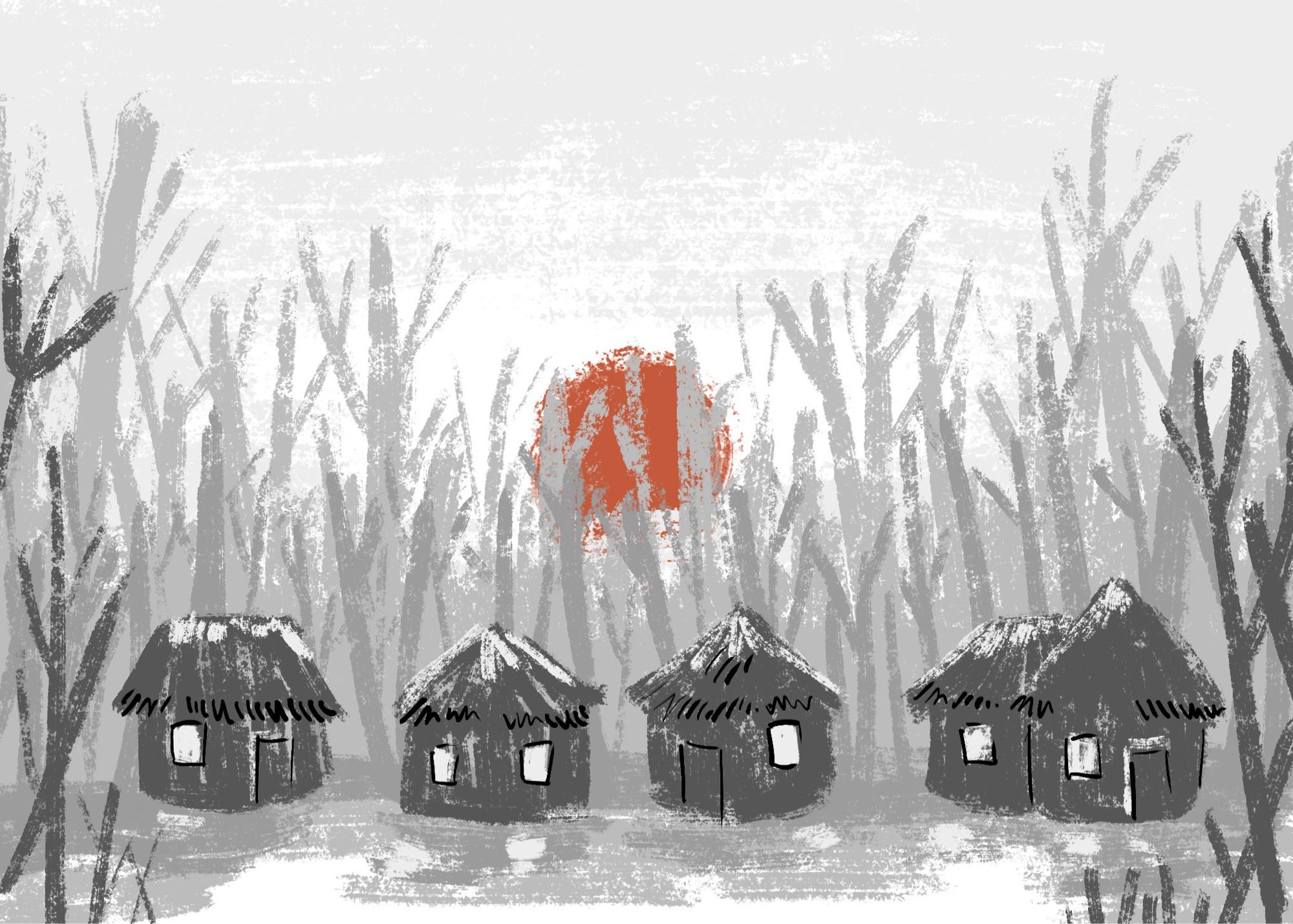 A grey scale painting of a small village of thatched huts with a red sun setting behind bare grey trees.