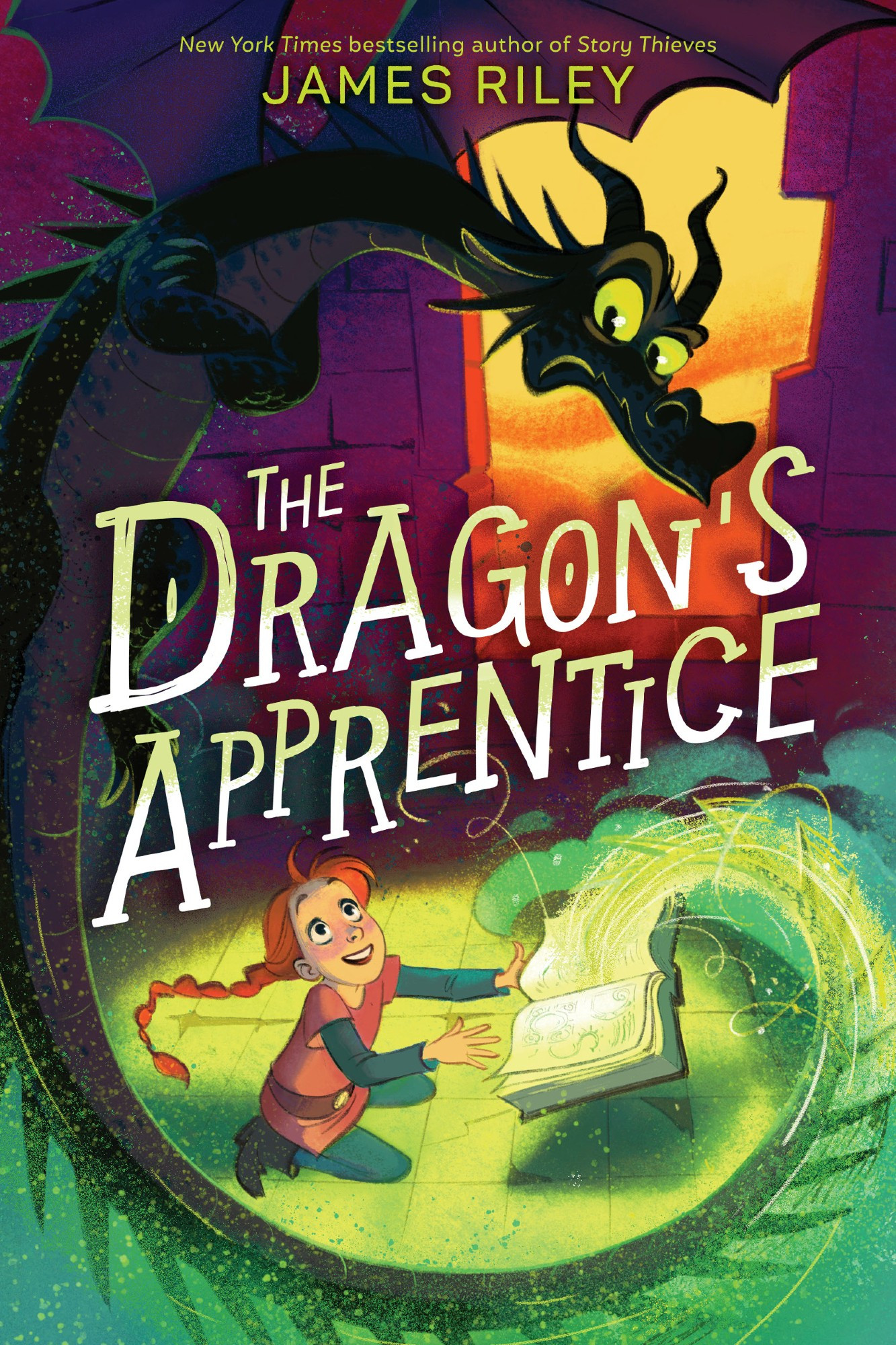 A girl summons a dragon from a book of magic on the cover of THE DRAGON'S APPRENTICE Book One by James Riley.