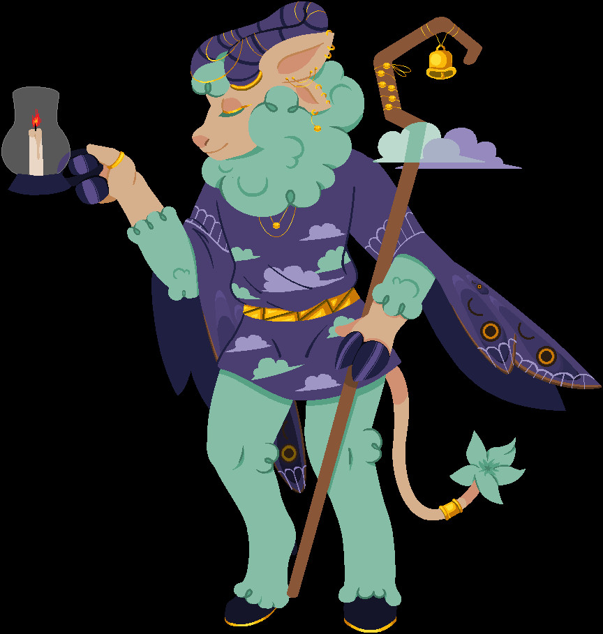 An anthro character combining a sheep and lion. He has mint green fur, closed eyes, and four ears. He's wearing a purple tunic, various pieces of gold jewelry, and is carrying a lamp and a shepherd's crook. 